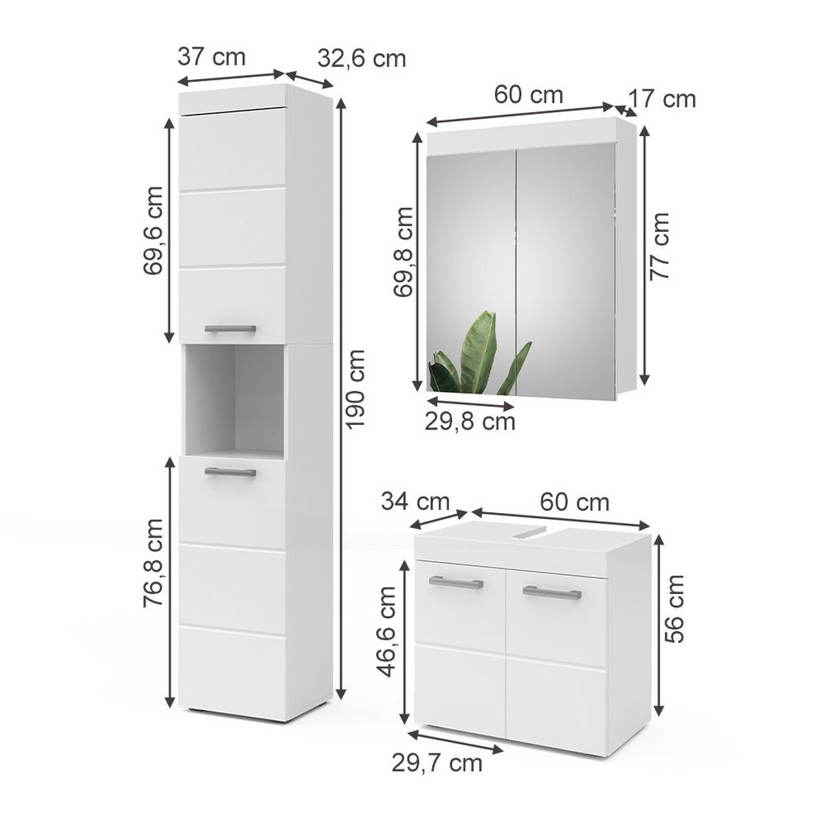 BADMÖBEL-SET Luna Weiß 3 Teile, mit Hochschrank - Weiß, Holzwerkstoff (60/56/34cm) - Vicco