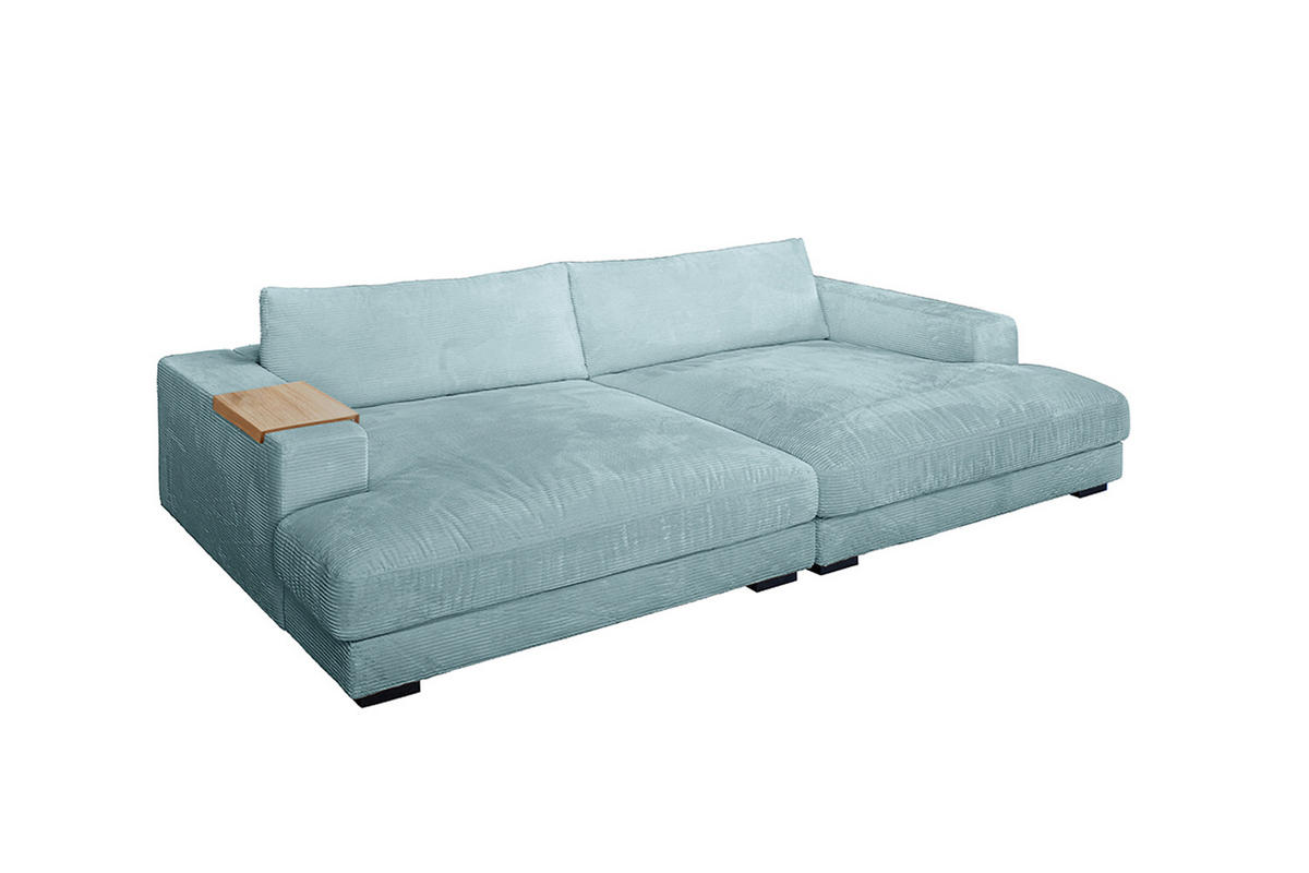 BIG SOFA XL MIT TABLETT NATUR MADELINE Hellblau Cord - Schwarz/Hellblau, Kunststoff/Textil (290/85/190cm) - KAWOLA