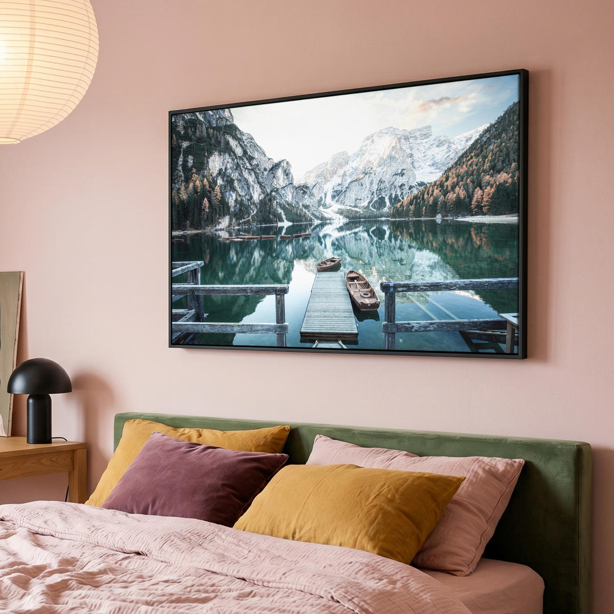 LEINWAND Bilder mit Rahmen - Natur - Berge - Schnee - Wald - Boot - 140x90 - Hellgrün, Textil (140/90cm) - MuchoWow