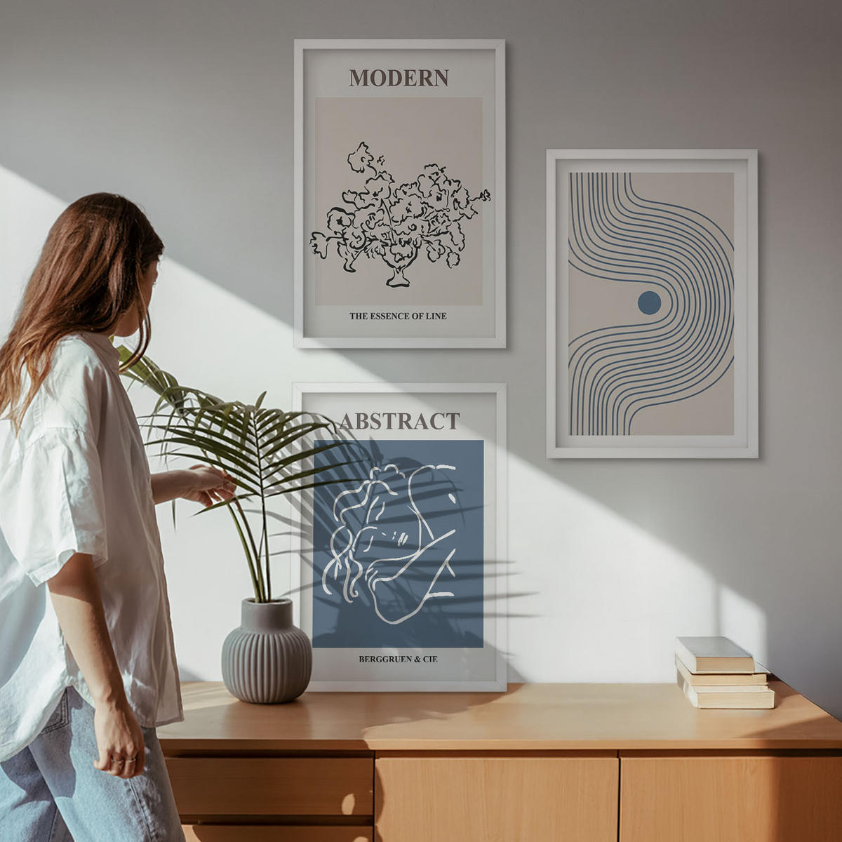 WANDBILDER 3er-Set - 40x60 cm Weißer Rahmen - abstrakte Poster mit Blumenlinien - Weiß, Kunststoff (40/60cm) - ArtPrintCave