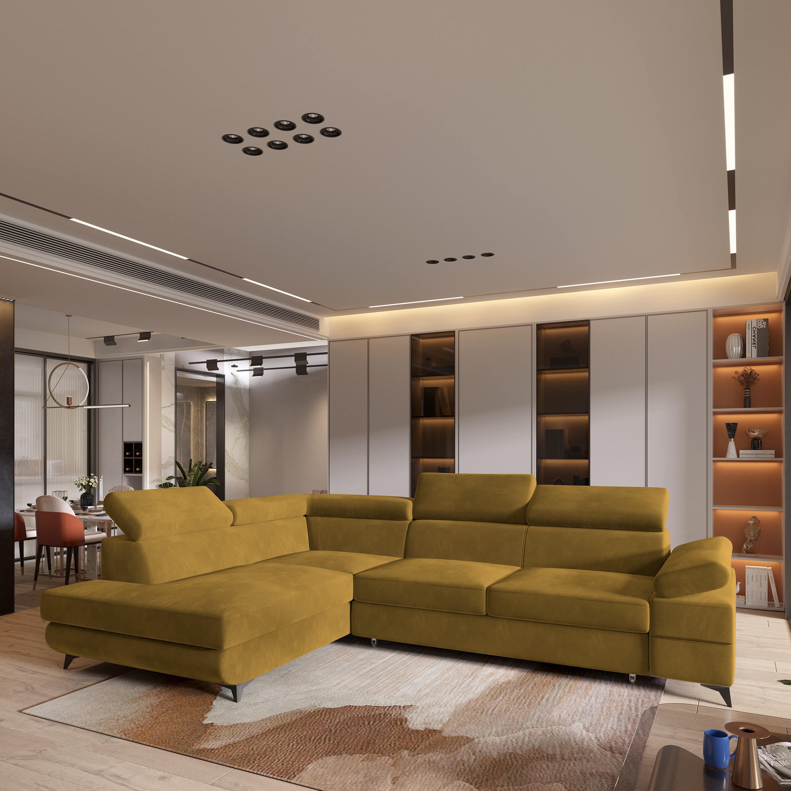 ECKSOFA FAVIEN L-S Gelb Velours-Stoff mit Schlaffunktion - Gelb, Holz (257/190cm) - MASSENO