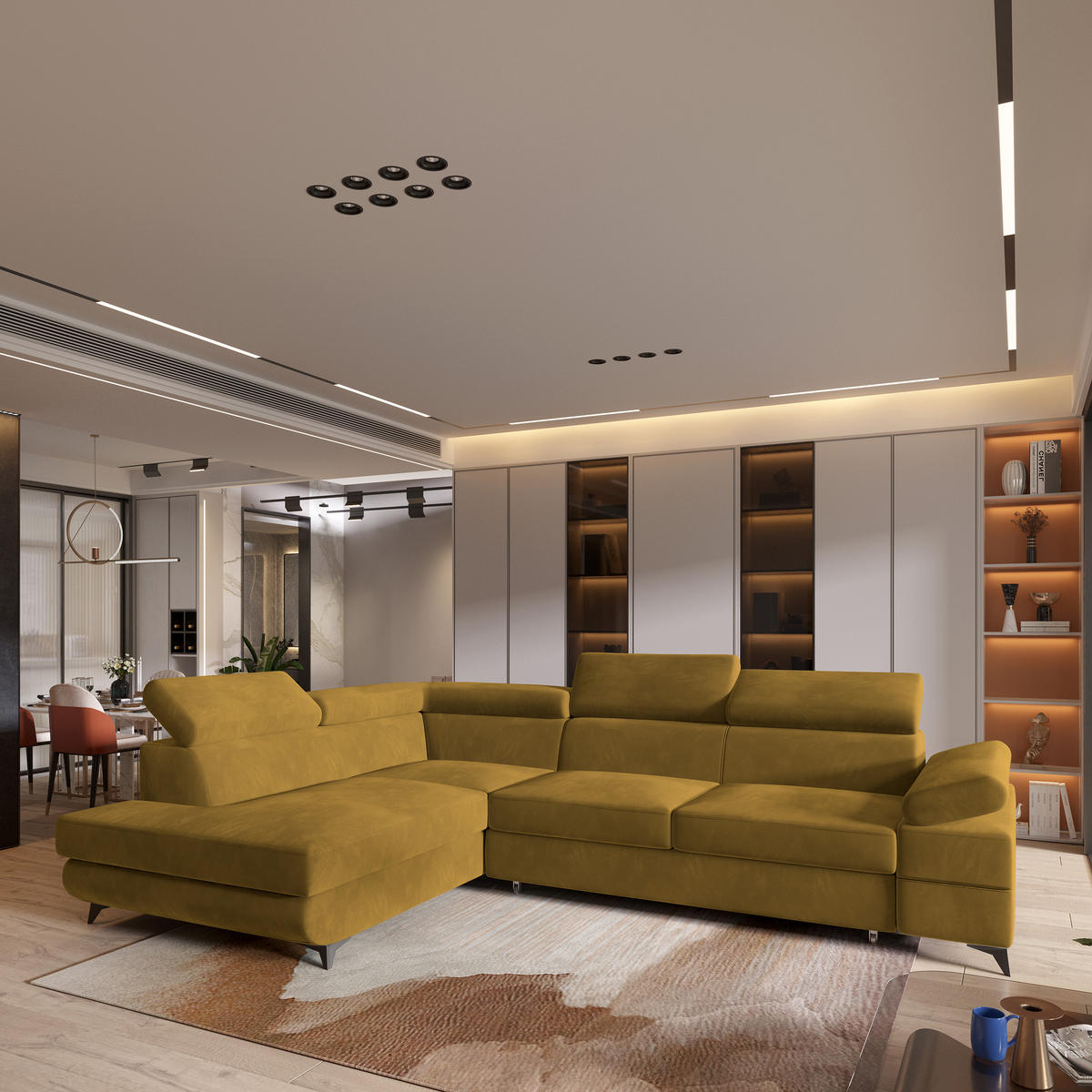 ECKSOFA FAVIEN L-S Gelb Velours-Stoff mit Schlaffunktion - Gelb, Holz (257/190cm) - MASSENO