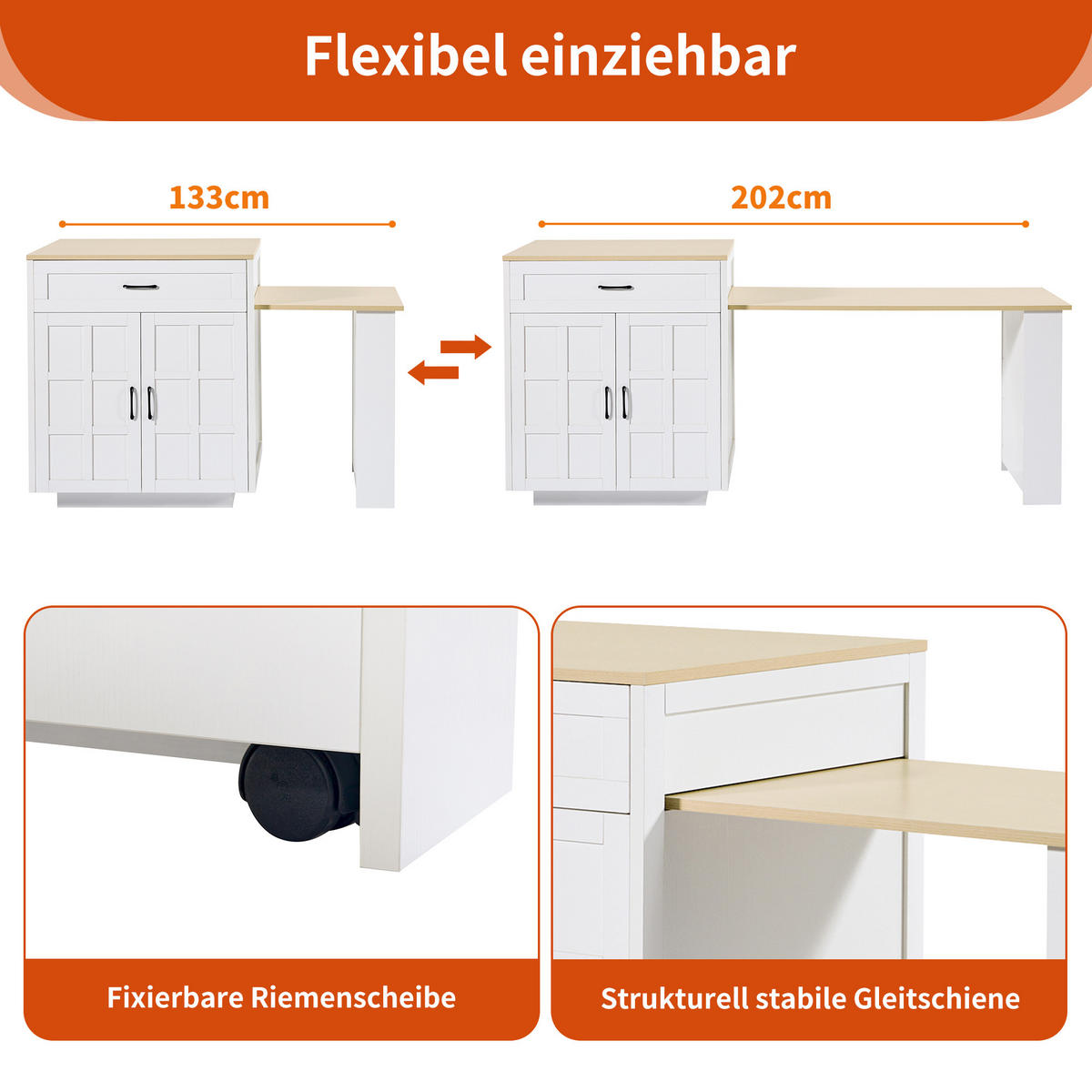 AUSZIEHBARER Bartisch aus MDF mit Stauraum, 133-202/70/93,5 cm, Weiß - Weiß, Holzwerkstoff (70/93.5/133cm) - Redom