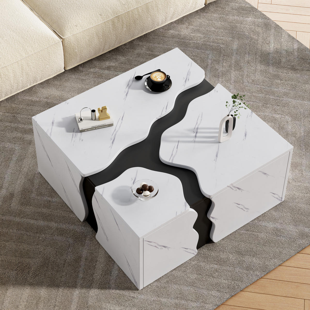 COUCHTISCH 70/70/31 cm mit Schublade und Marmoroptik im geometrischen Design, Weiß - Weiß, Holzwerkstoff (70/70/31cm) - Redom