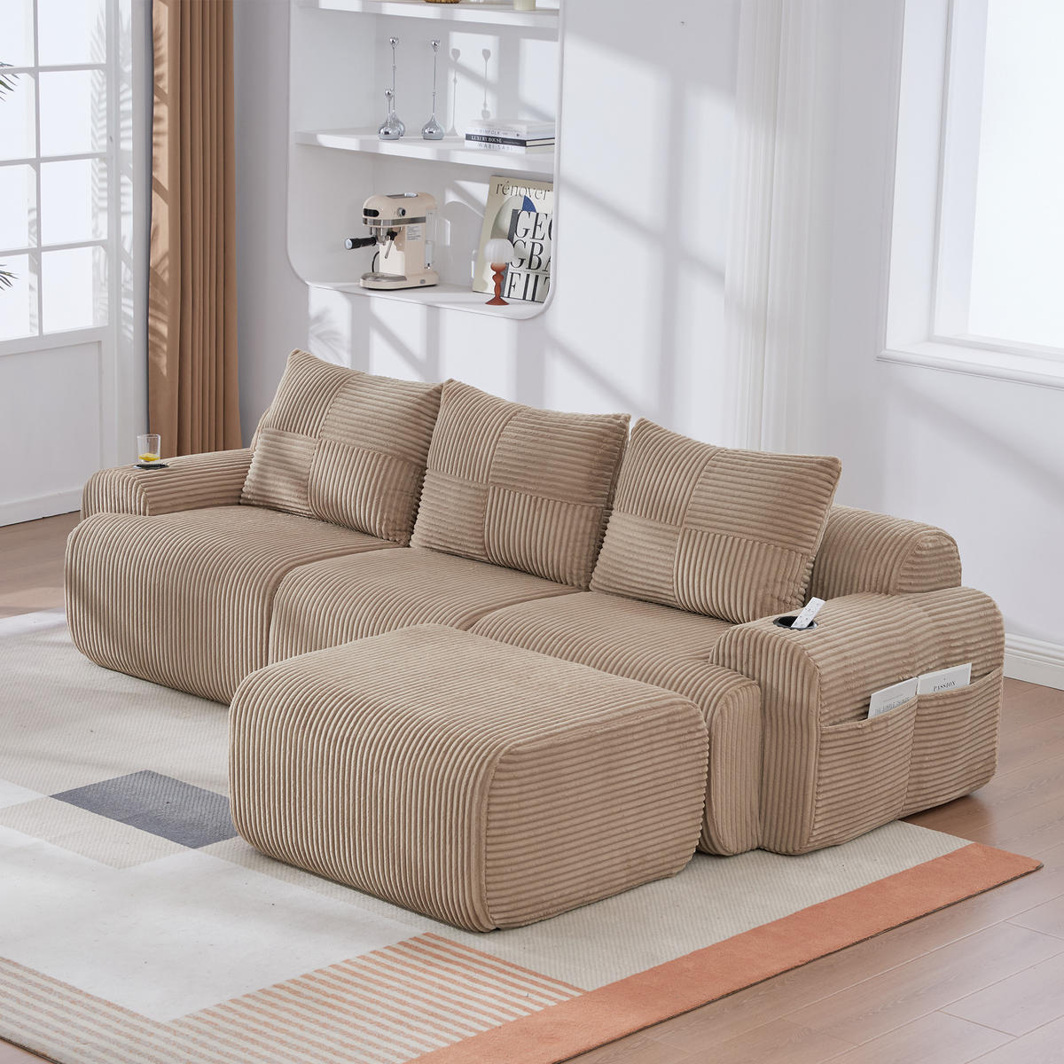 MODULARES 3-Sitzer Sofa Cordstoff mit Hocker Getränkehalter und Seitentasche 268/174/80 cm Sandfarben - Sandfarben, Textil (174/268cm) - Redom