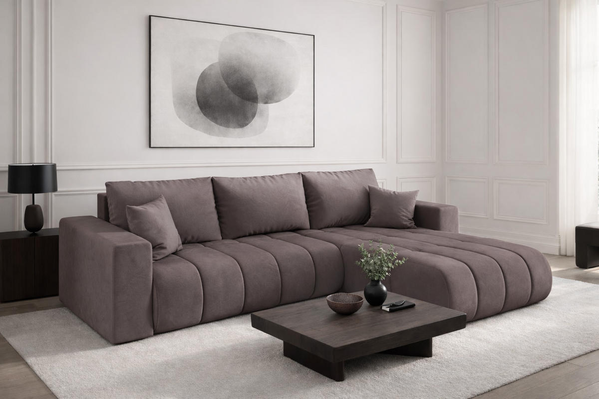 ECKSOFA mit schlaffunktion und bettkasten MILO PREMIUM, stoff MONOLITH, Lila, Rechts - Violett, Holz (280/190cm) - Kaiser Möbel