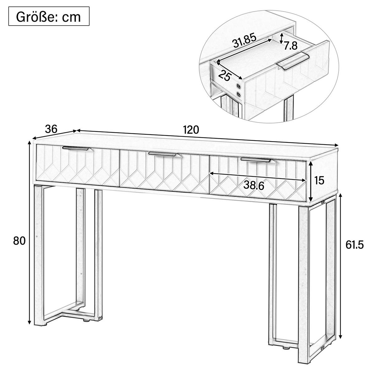KONZOLNI stol bijelo-zlatni od MDF-a s ladicama i podesivim nožicama - bijela, drvni materijal (120/36/80cm) - OKWISH