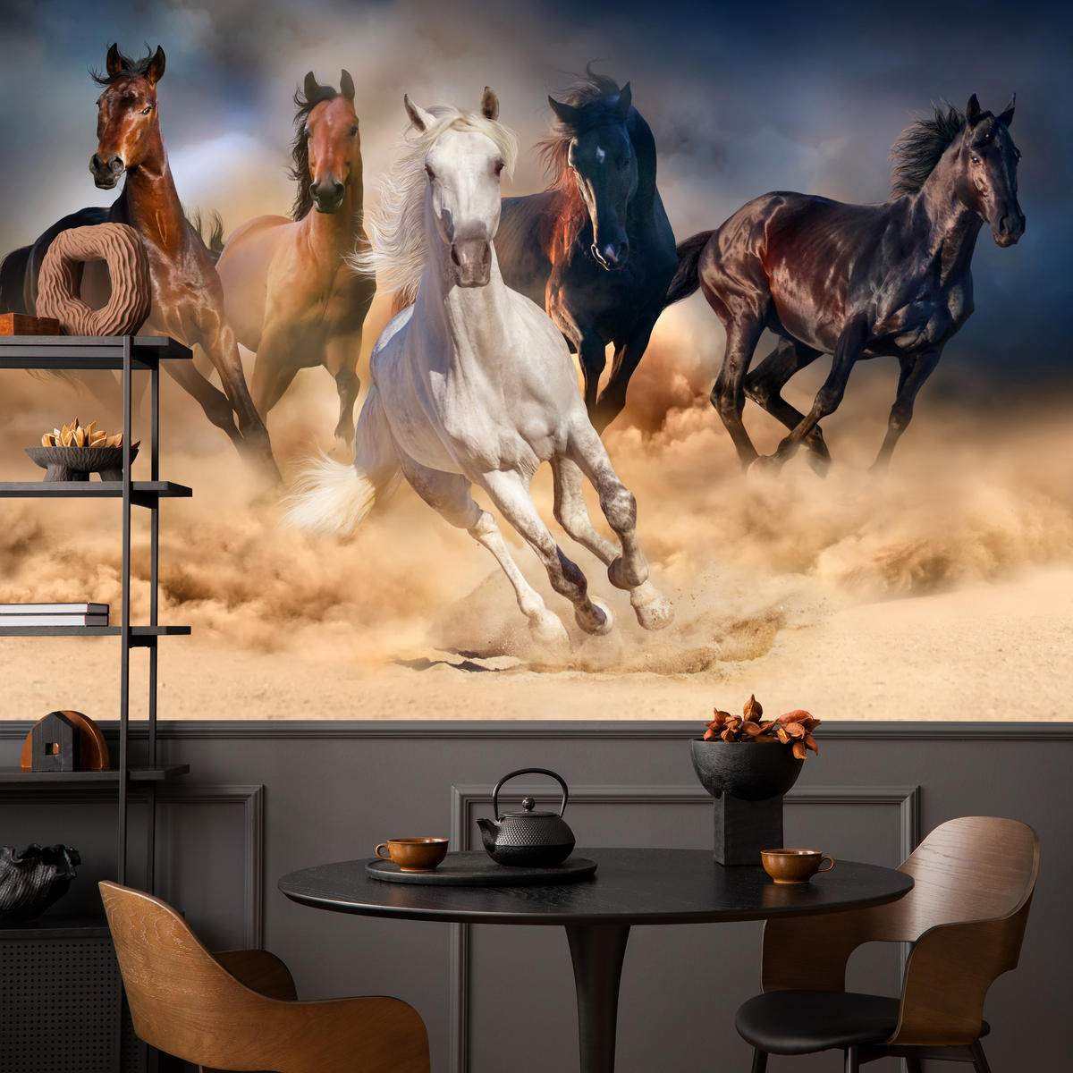 FOTOTAPETE für Schlafzimmer Galoppierende Pferde Wüste Herde 350x256 - Beige/Orange, Papier (350/256cm) - Muralo