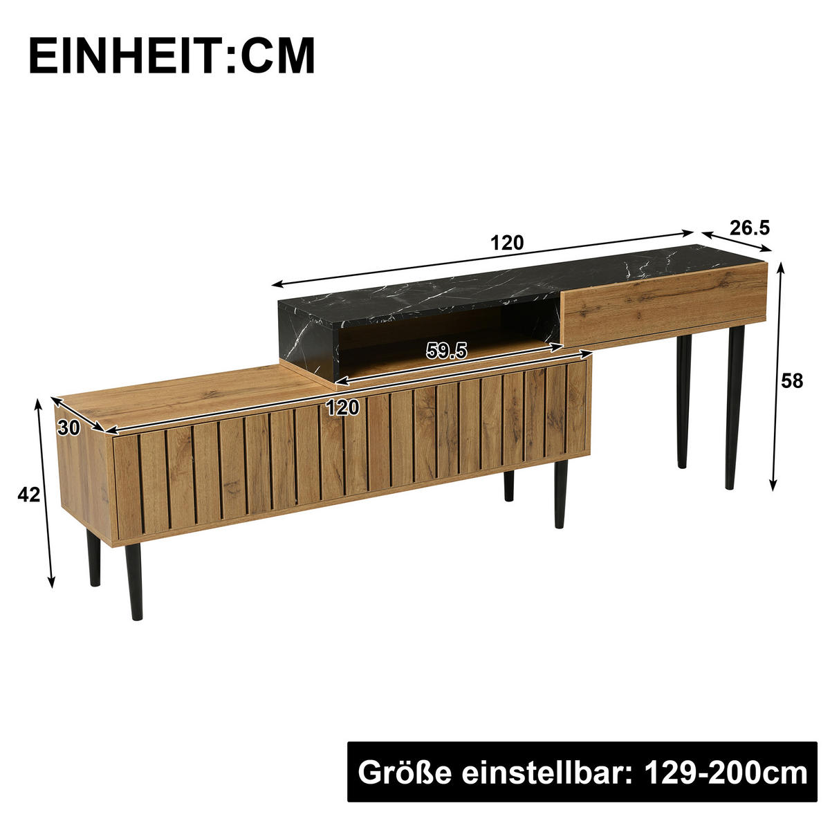TV-SCHRANK in Natural Wood mit Marmor-Optik und Eisenbeinen 110/39/45 cm - Eichefarben, Holzwerkstoff (129/58/30cm) - Redom