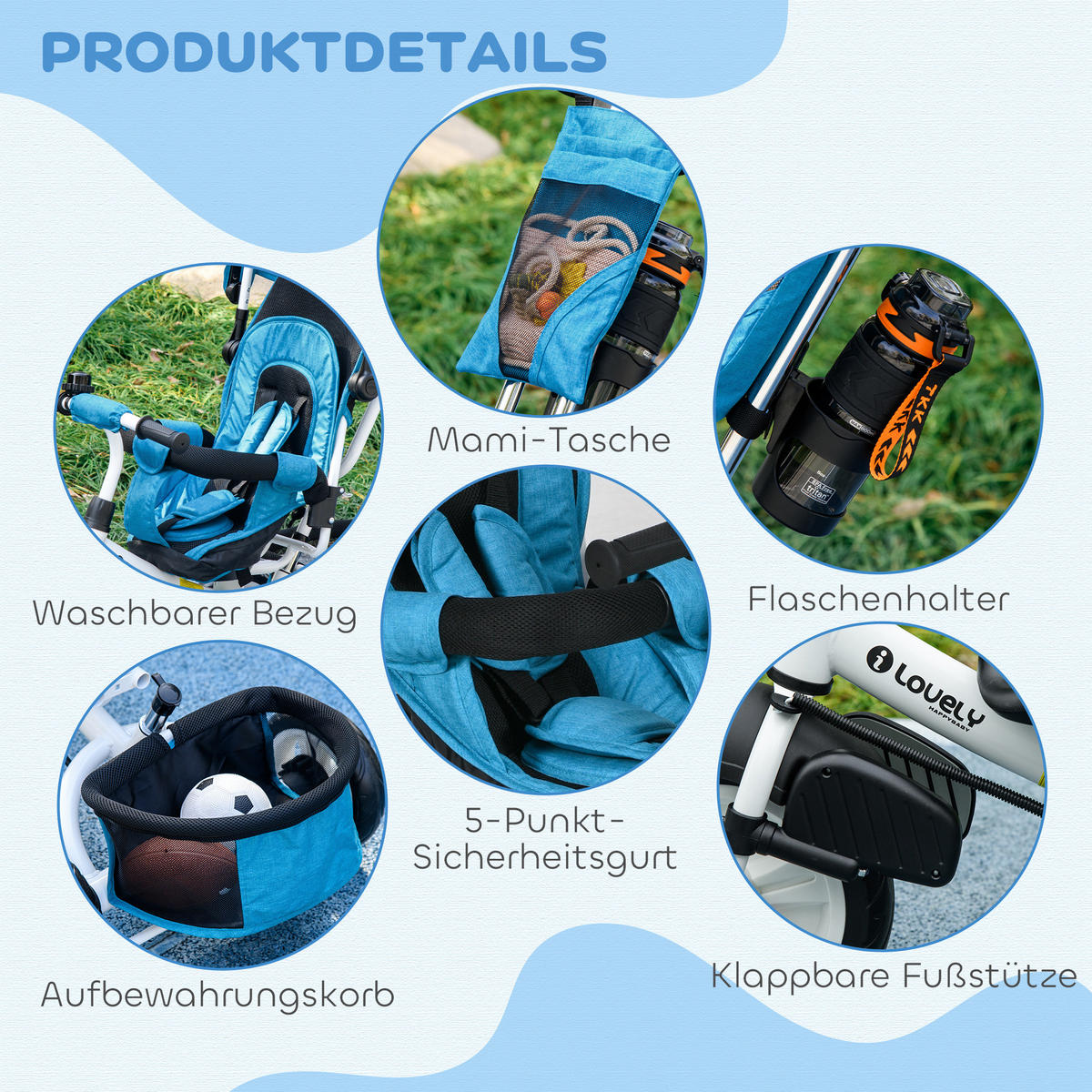 6-IN-1 Dreirad mit Schubstange, Kinderdreirad mit abnehmbarem Sonnendach - Hellblau, Metall (102/49/102cm) - HOMCOM