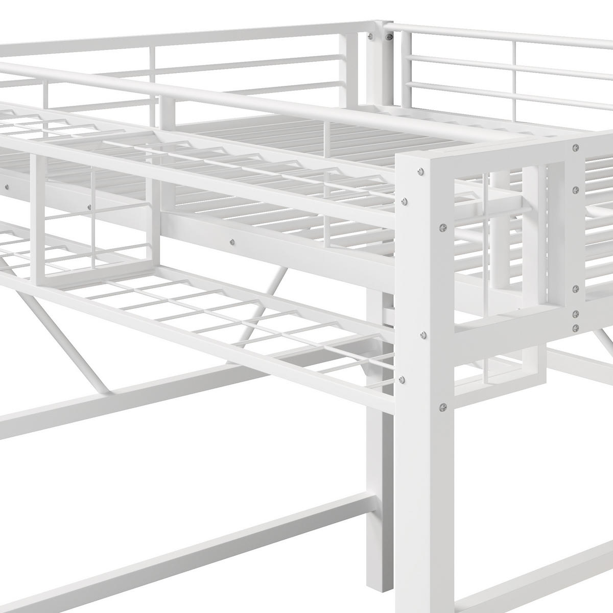 HOCHBETT 140/200 cm in Weiß mit Stufenregal, Gitterelementen, Aufbewahrungskorb und LED aus Metall und MDF - Weiß, Metall - STILVORA
