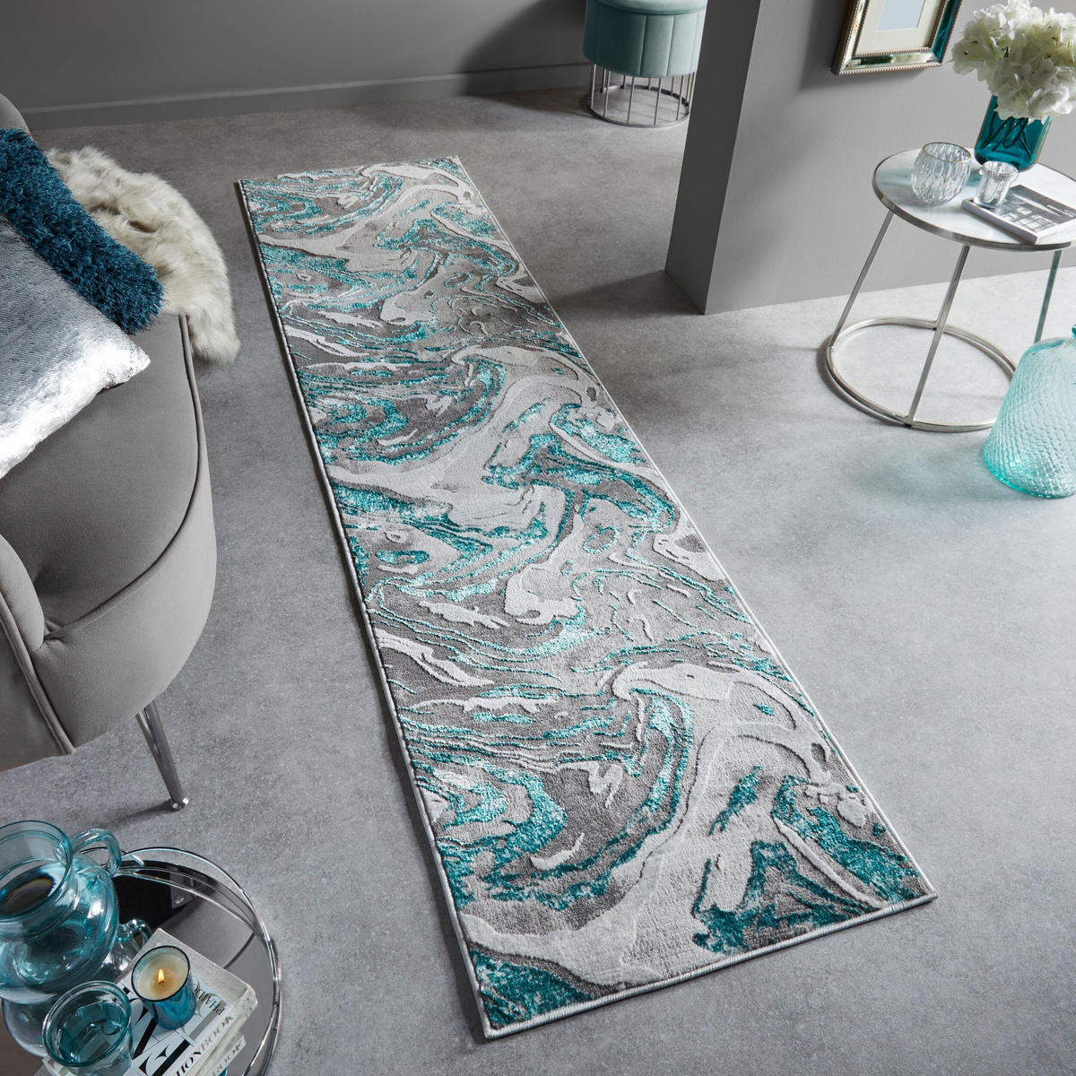 TEPPICH Marmor-Design, metallisch OUSE JOY, Grün-Grau 80x300 cm - Grün, Textil (80/300cm) - KADIMA DESIGN