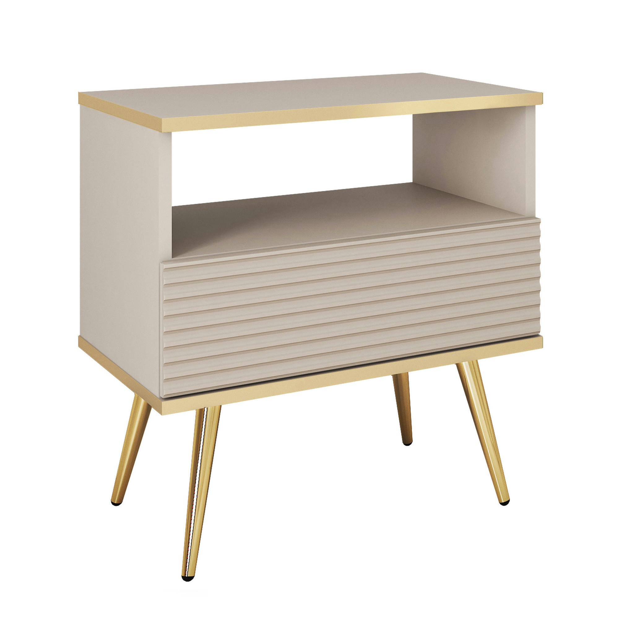 NACHTTISCH BANFF STO2-1S Goldene Metallbeine, geriffelte Fronten, Beige - Beige, Holzwerkstoff/Kunststoff (54/59/39cm) - Komodee