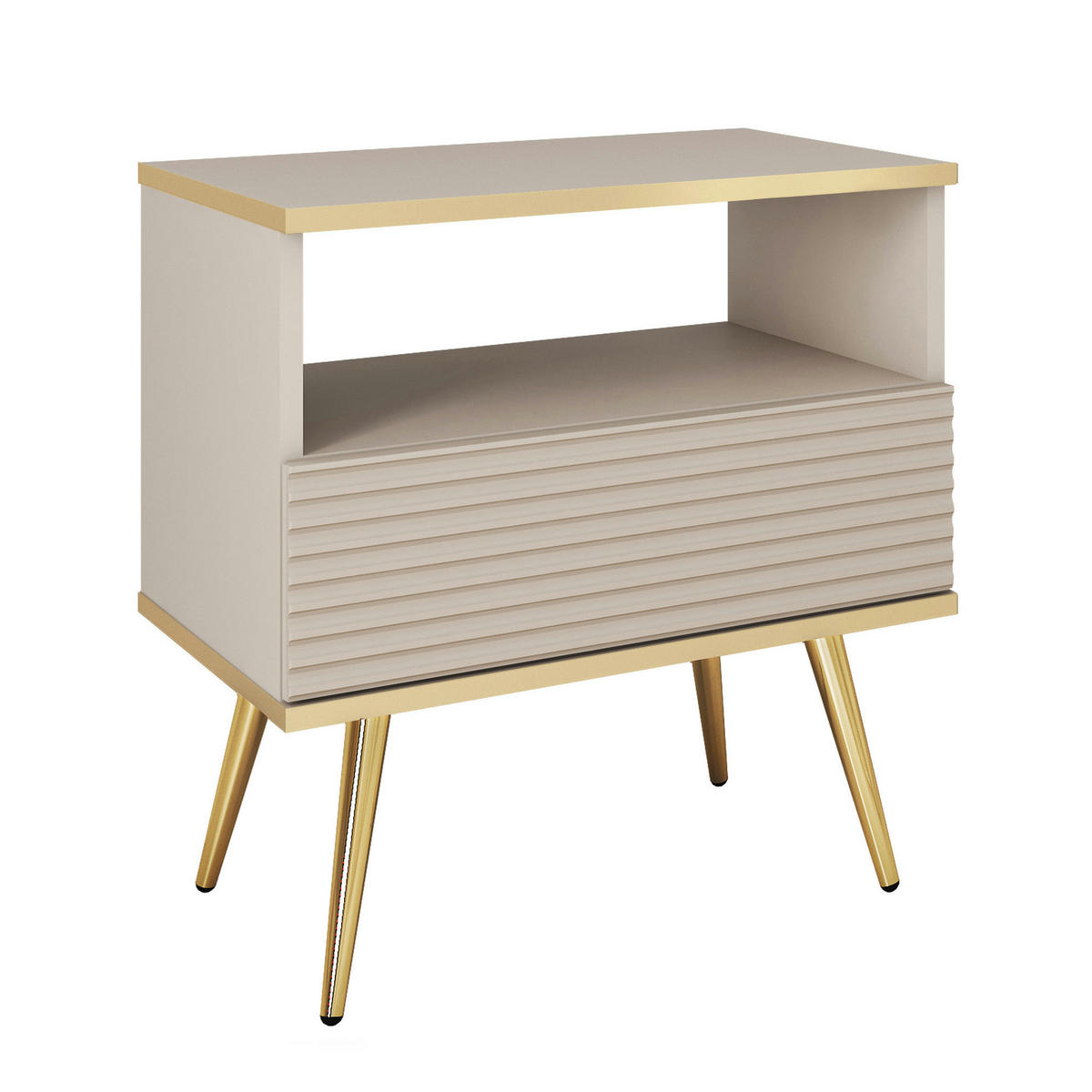 NACHTTISCH BANFF STO2-1S Goldene Metallbeine, geriffelte Fronten, Beige - Beige, Holzwerkstoff/Kunststoff (54/59/39cm) - Komodee