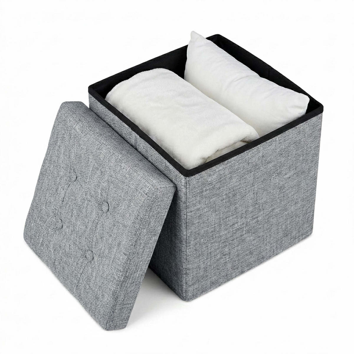 TABURE Siva lanen zložljiv s shrambo 38x38x38 cm - siva, leseni material/tekstil (38/38/38cm) - Relaxdays