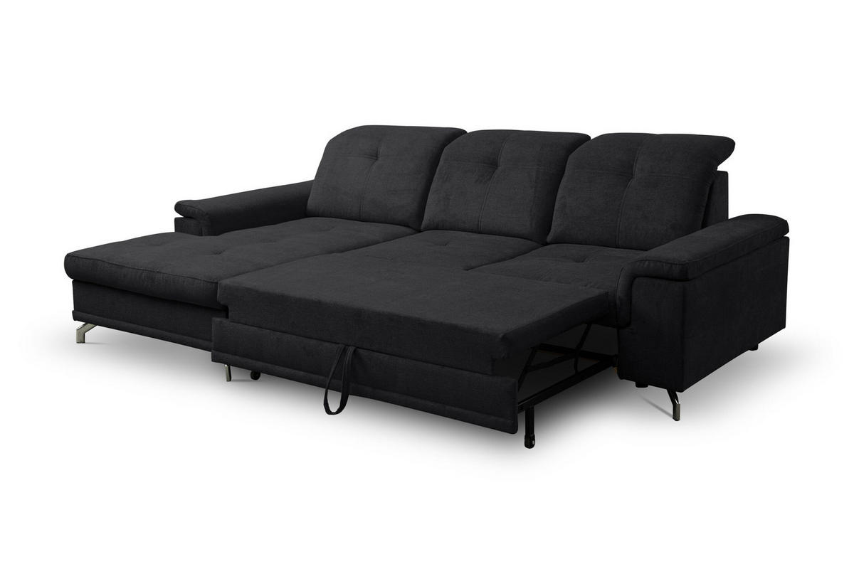 ECKSOFA PANAMA mit Schlaffunktion und Bettkasten, Farbe: Schwarz, Velourstoff, Ottomane Links - Schwarz, Textil (270/180cm) - VENASI MÖBEL
