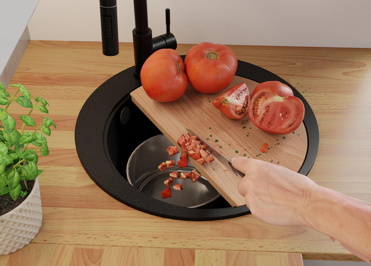 GRANITSPÜLE Pisa, 2-er set Schwarz 50/50 cm 1 Becken + Küchenarmatur 40/20 cm + Ablauf-Set + Schneidebrett ab 45er Unterschrank - Chromfarben/Beige, Kunststoff (50/20/50cm) - Primagran