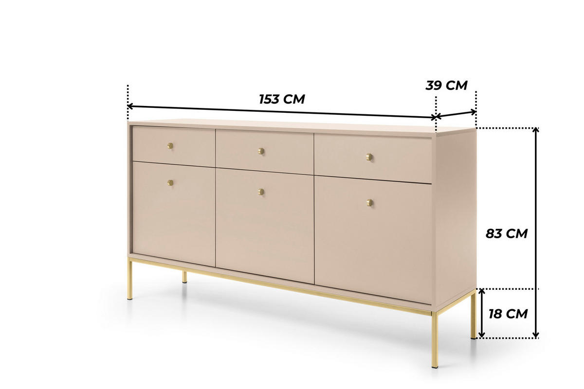 KOMMODE BARI K3D3SZ (Beige, Goldene Griffe, Goldenes Gestell, Schubladen) - Beige/Goldfarben, Holz/Holzwerkstoff (153/83/39cm) - Ravio