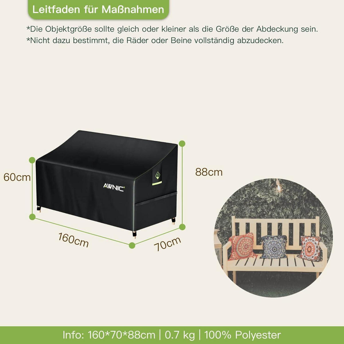 GARTENBANK Abdeckung 420D Polyester 160 x 70 x 60/88 cm - Schwarz, Textil (160/70/60cm)
