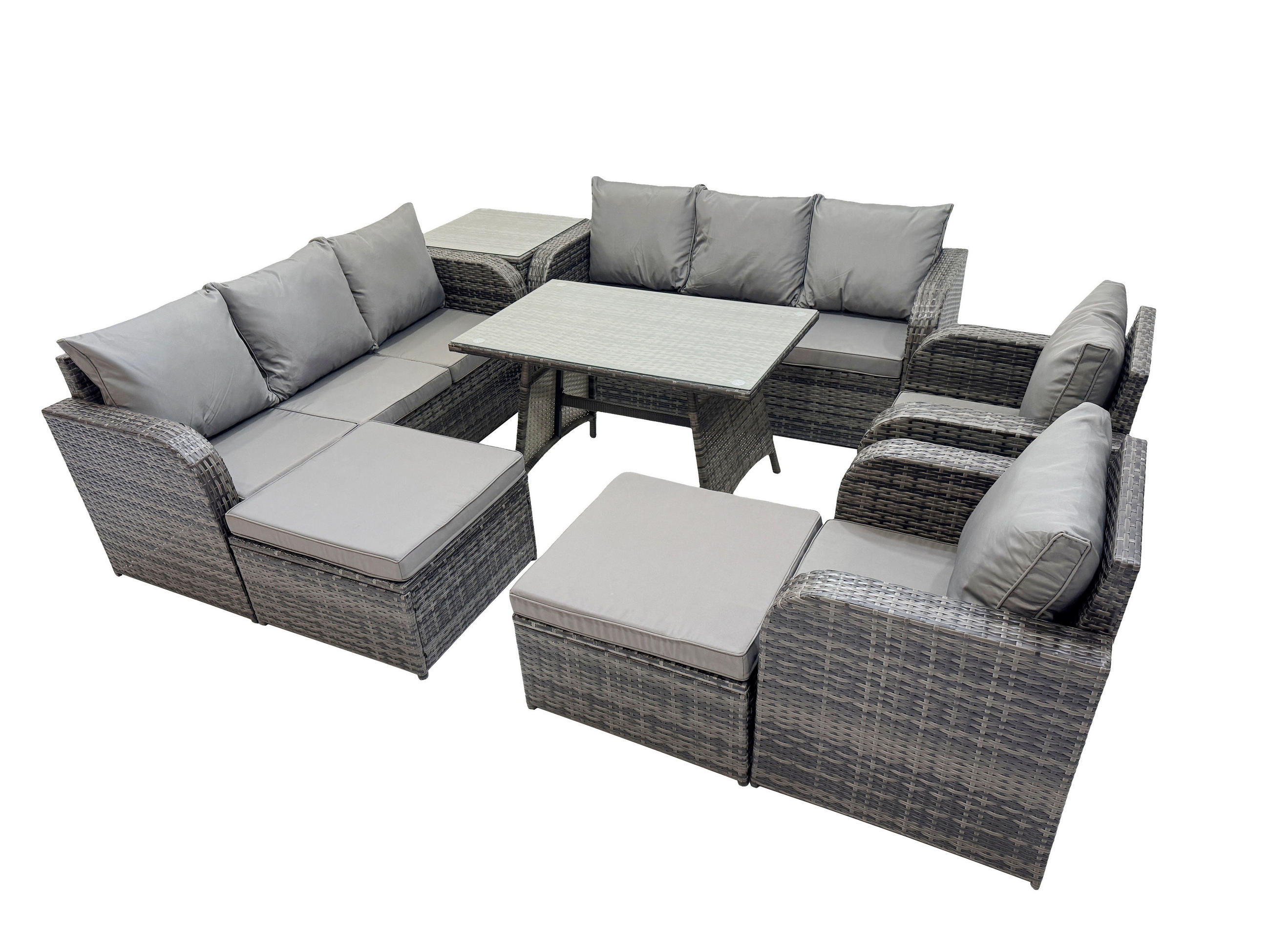 GARTENSET Hohe Rückenlehne Polyrattan 10-Sitzer - Dunkelgrau/Grau, Glas/Kunststoff - Fimous