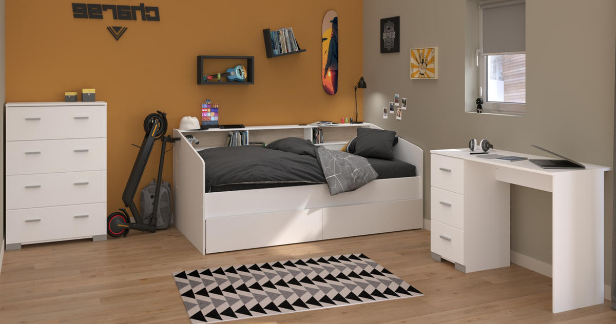 KINDERZIMMER Set 3-tlg. mit Schreibtisch Kommode Bett 90x200 cm - Silberfarben/Weiß, Holzwerkstoff/Kunststoff (120/107/82cm) - Parisot Meuble