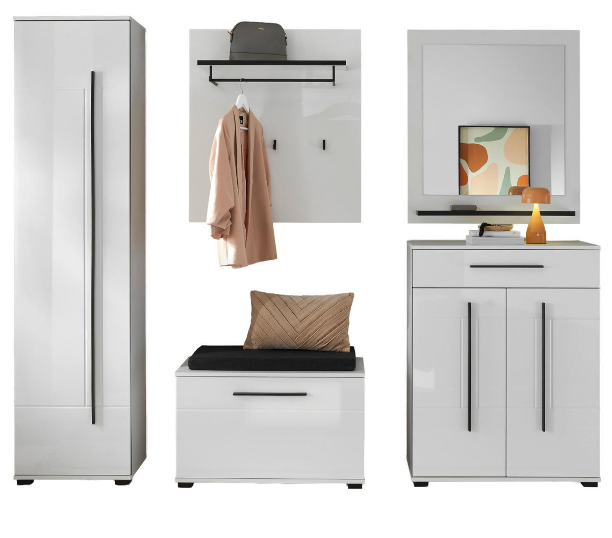 GARDEROBEN-SET weiß Hochglanz 6-teilig 230 cm, Flurgarderobe mit Soft-Close - Weiß Hochglanz/Dunkelgrau, Glas/Holzwerkstoff (230/200/40cm) - Furn.Design