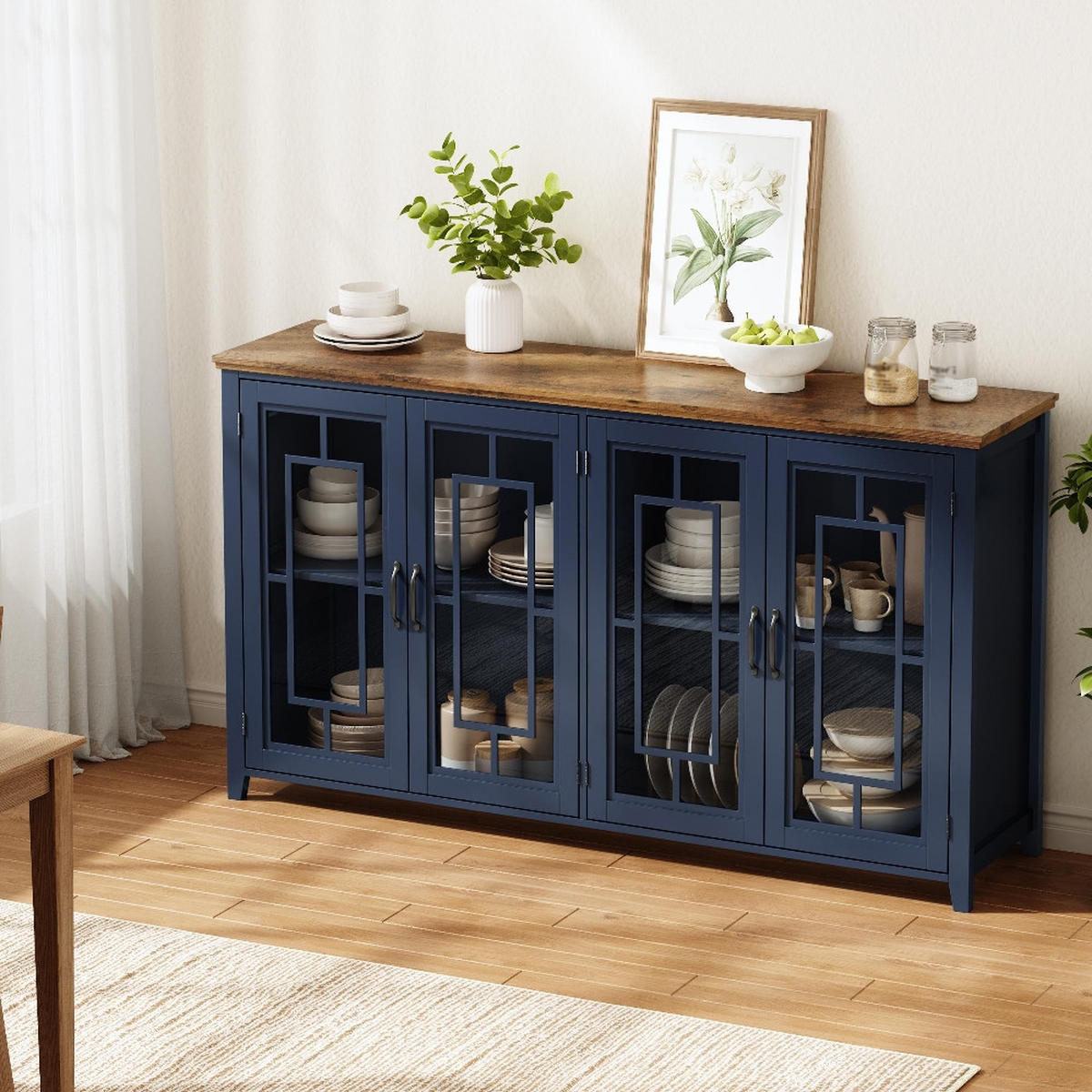 SIDEBOARD 160 CM Küchen-Sideboard GLASTÜREN Holzoptik Esszimmer Wohnzimmer 160/40/86 cm - Blau, Holzwerkstoff (40/86/160cm) - Rolipo