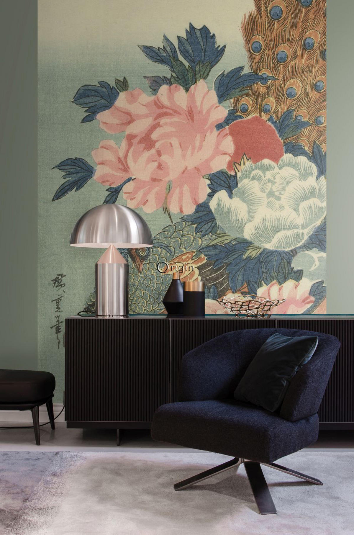 FOTOTAPETE Pfau und Pfingstrosen 200 x 300 cm - Pink, Papier (200/300cm) - Origin Wallcoverings