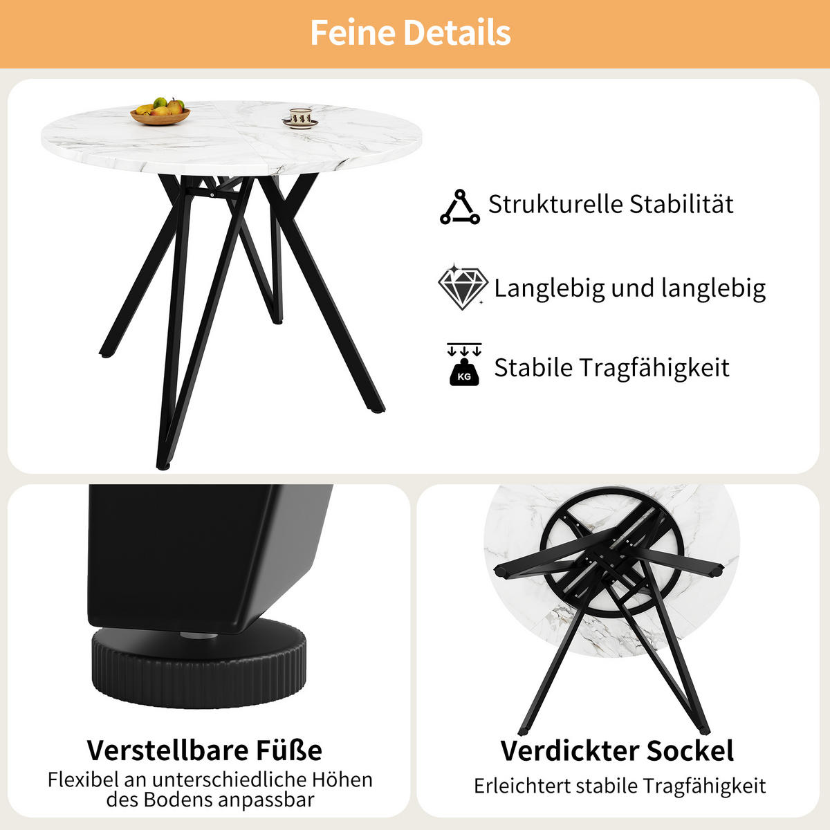 ESSTISCH Rund 100/100/76 cm Schwarz aus MDF in Marmoroptik mit Metallgestell - Schwarz, Holzwerkstoff (100/100/76cm) - OKWISH