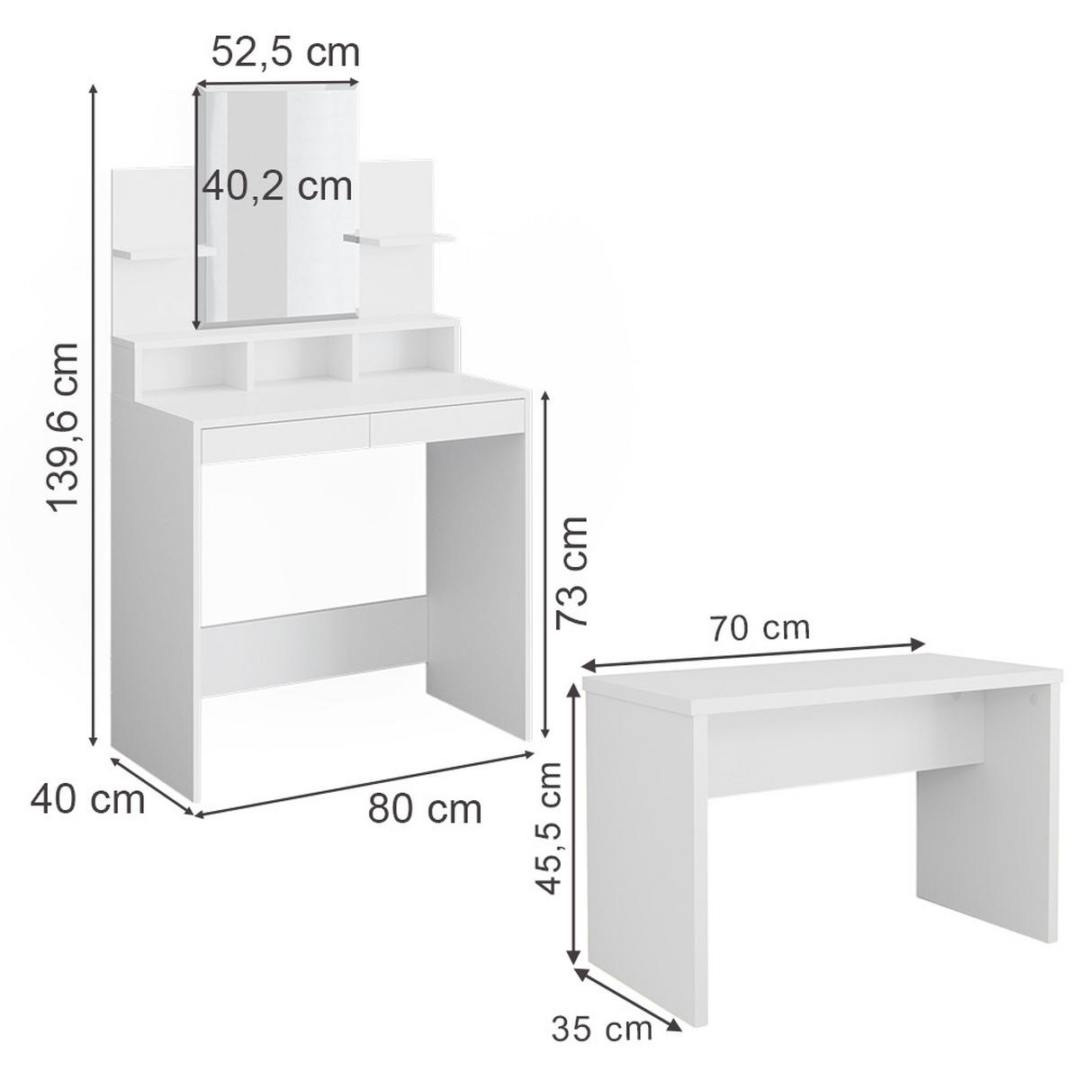SCHMINKTISCH Ania Weiß 80 cm mit Bank - Weiß, Holzwerkstoff (80/139.6/40cm) - Vicco