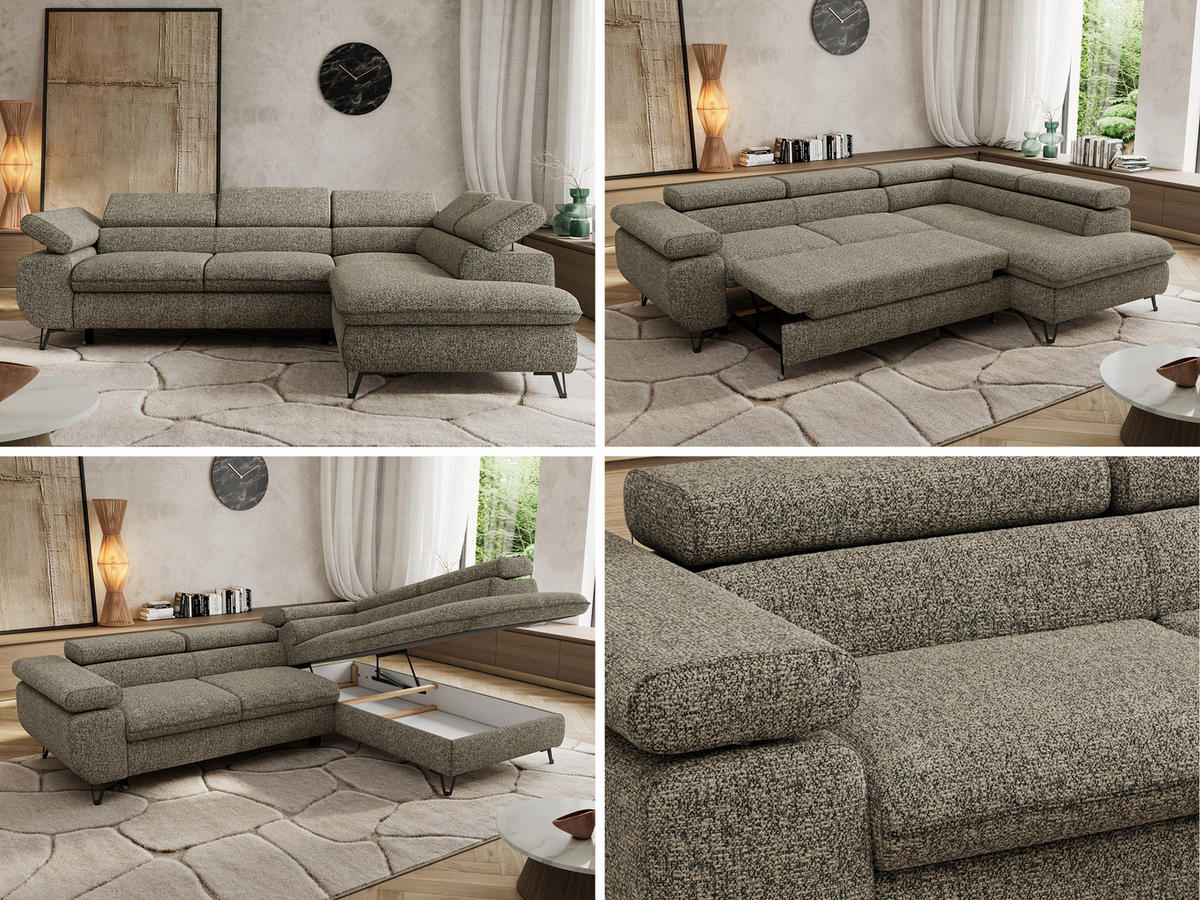 ECKSOFA PABLO L Grau Struktur - Rechts Seite mit T25 Topper - Schwarz/Grau, Textil/Metall (273/208cm) - MKS