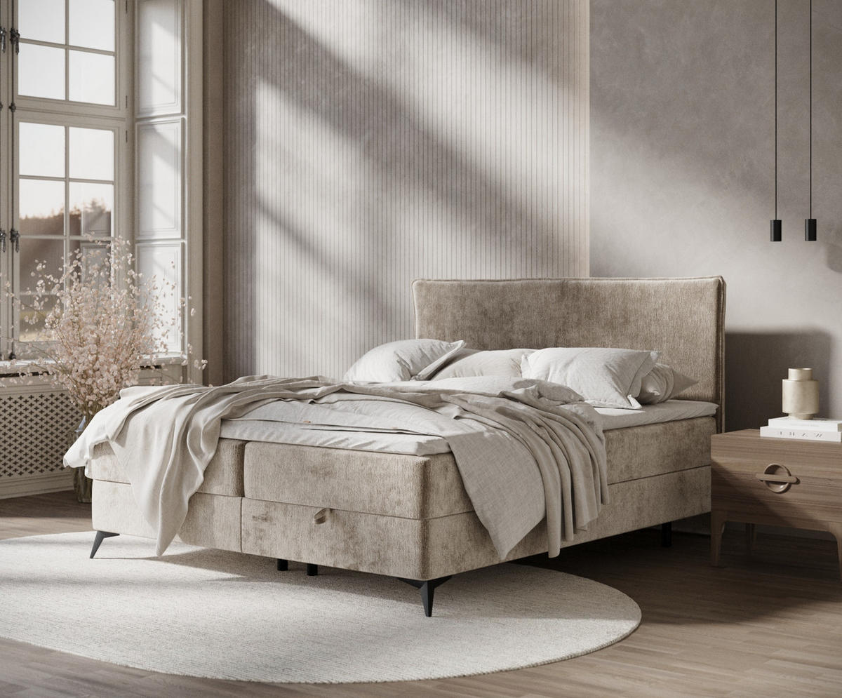 BOXBETT Peru Beige 140/200 cm im Chenille-Stoff - Beige/Schwarz, Holz/Holzwerkstoff (140/200cm) - Maison de Reve