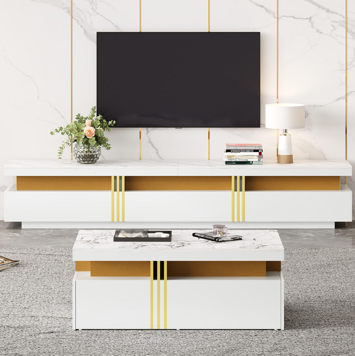 TV-ELEMENT aus Spanplatte, TV-Schrank 200x40x42 cm und Couchtisch 100x50x40 cm, Weiß, mit Schubladen und Marmor-Optik - Weiß, Holzwerkstoff (200/42/40cm) - Modfu