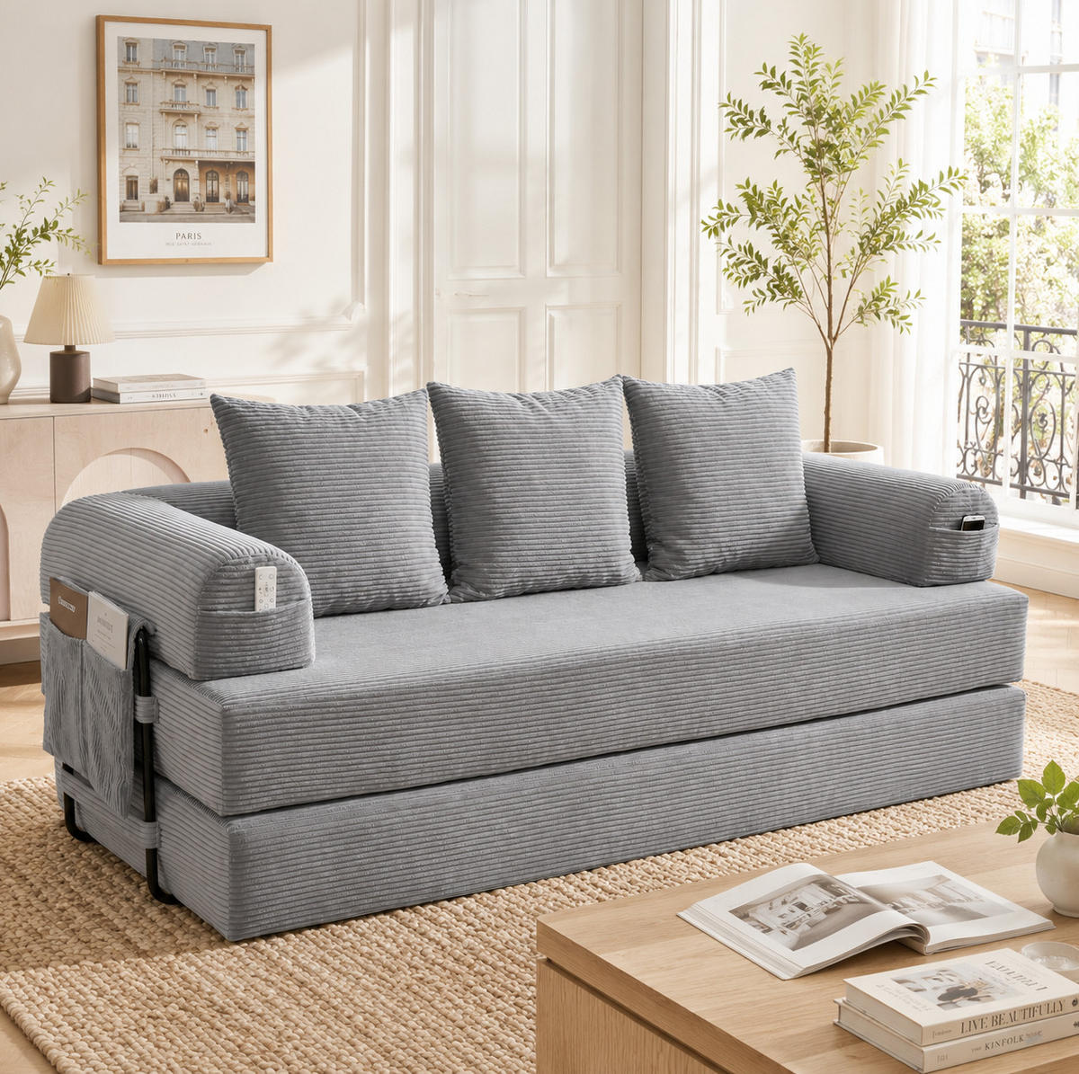 SOFA 200/94/67 cm aus Cord mit Metallgestell und 3 Kissen Hellgrau - Hellgrau, Textil (94/67/200cm) - Modenvie