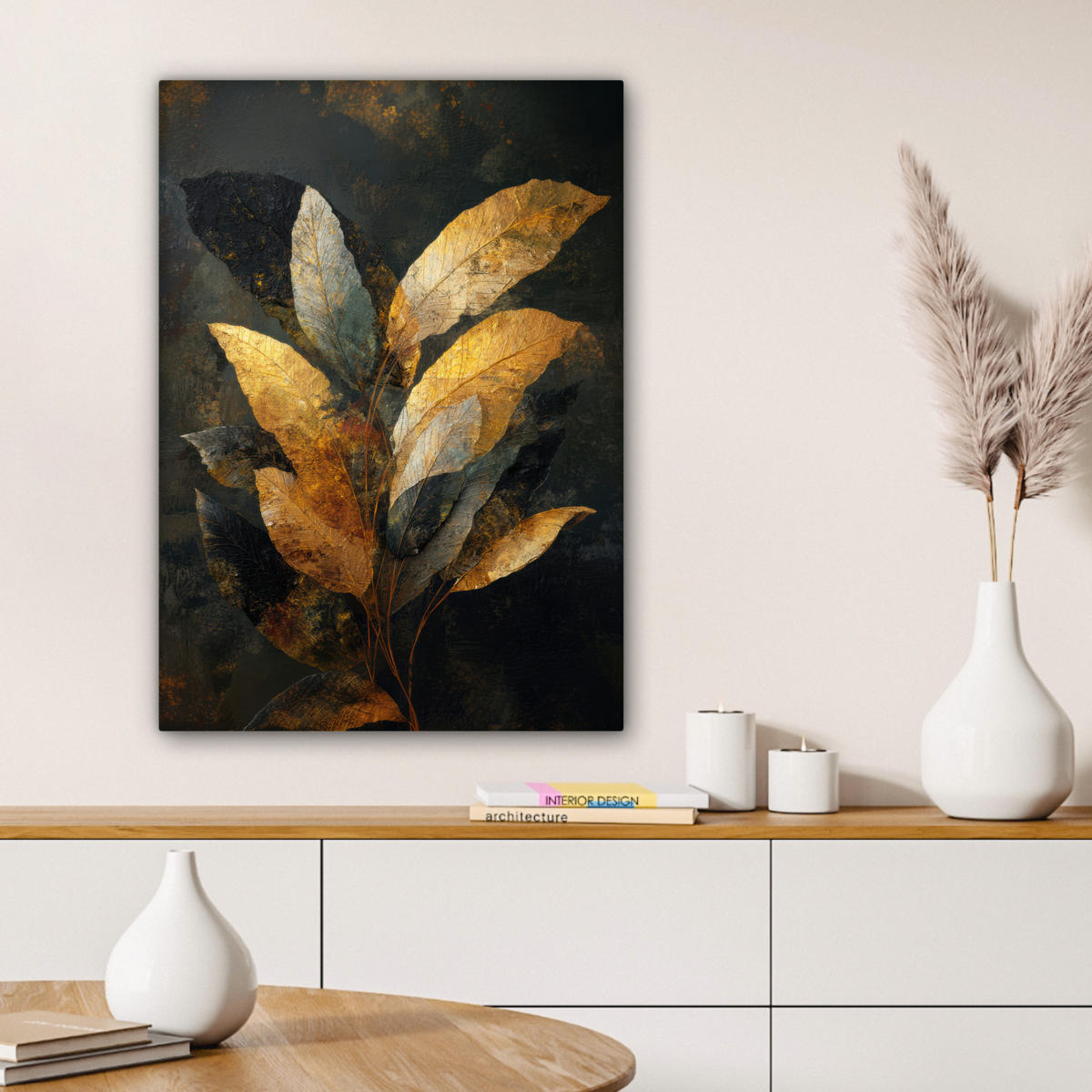 LEINWANDBILD Golden Leaf Komposition - Botanical Luxury Wandbild Wohnzimmer 60x80 cm - Goldfarben/Schwarz, Textil (60/80cm) - MuchoWow