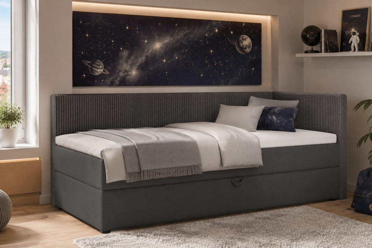 BOXBETT RICO 100/200 in Cord/Velours Anthrazit H3 links - Anthrazit, Holz/Holzwerkstoff (100/200cm) - Deine Möbel 24