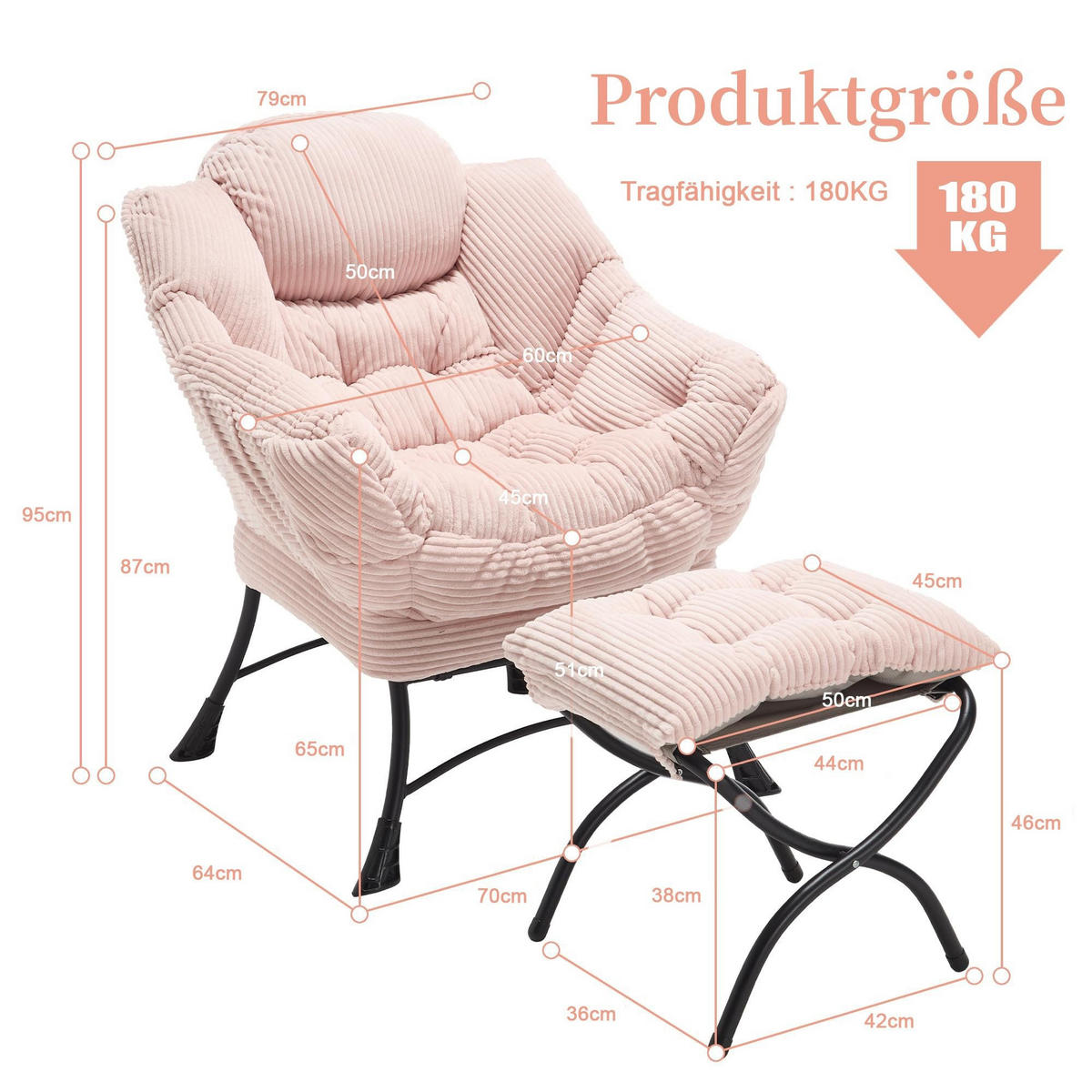 LOUNGESESSEL Relaxsessel mit Hocker,dicke Polsterung, Rosa - Rosa, Metall (70/95/64cm) - LVHOM