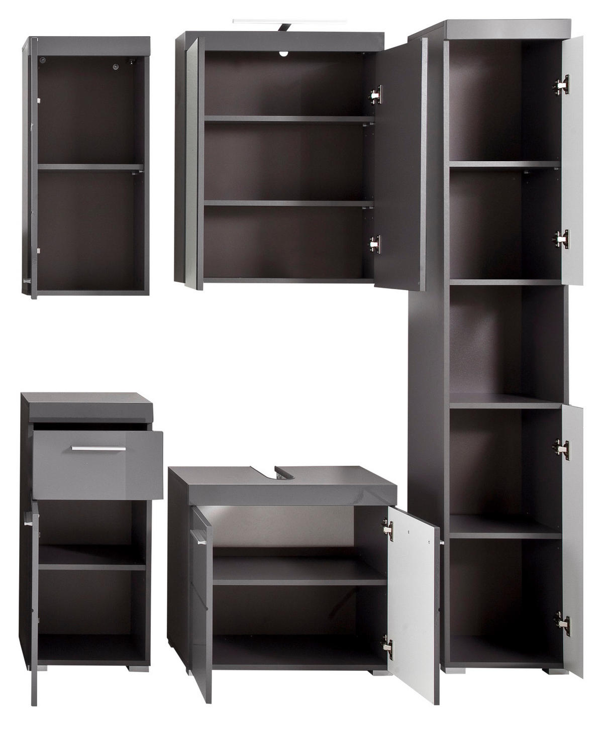 BADMÖBEL-SET grau Hochglanz 6-teilig 163 x 190 cm, Komplett-Set inklusive Beleuchtung - Grau, Glas/Holzwerkstoff (163/190/34cm) - Top.Furn