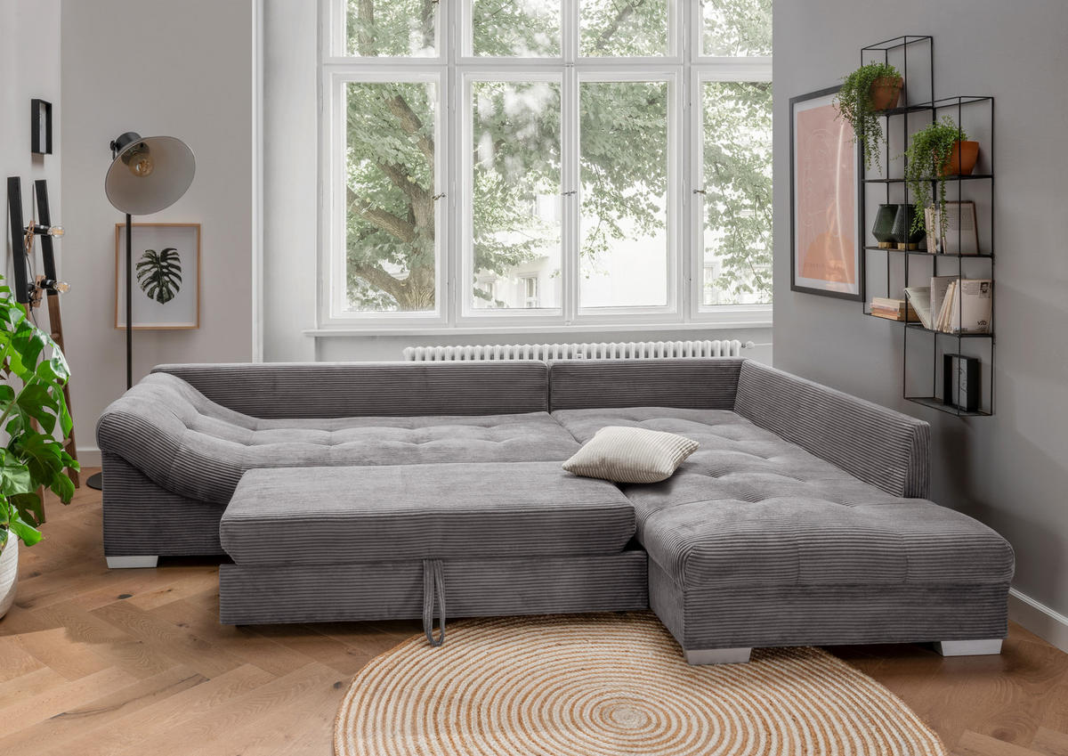 ECKSOFA mit Schlaffunktion, Wellenunterfederung, Ottomane rechts B298/T202/H84 cm, Liegefl. 154x227 cm, Cord Grau / 17201 - Beige/Silberfarben, Holz/Textil (298/202cm) - luma-home