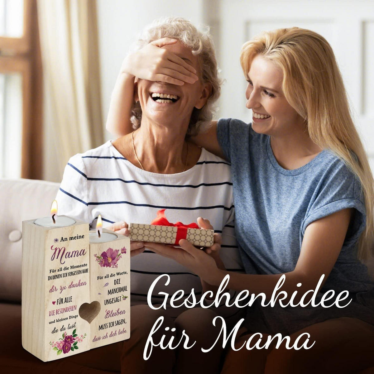 KERZENSTÄNDER Holz Mama Geschenk 12 x 10 x 4,5 cm - Beige, Holz (10/4.5/12cm)