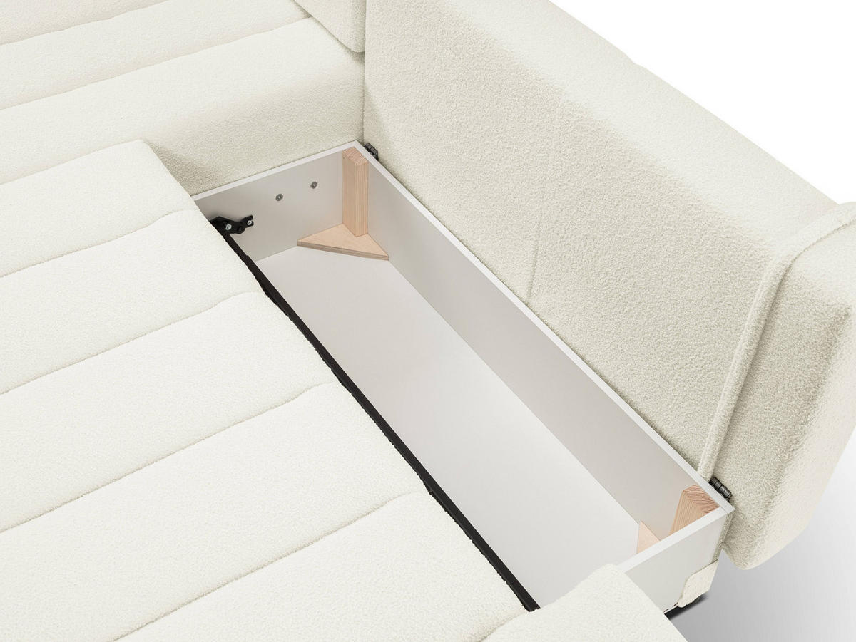 ECKSOFA GIOIA L-S Creme Boucle-Stoff mit Schlaffunktion - Creme, Holz (276/176cm) - MASSENO