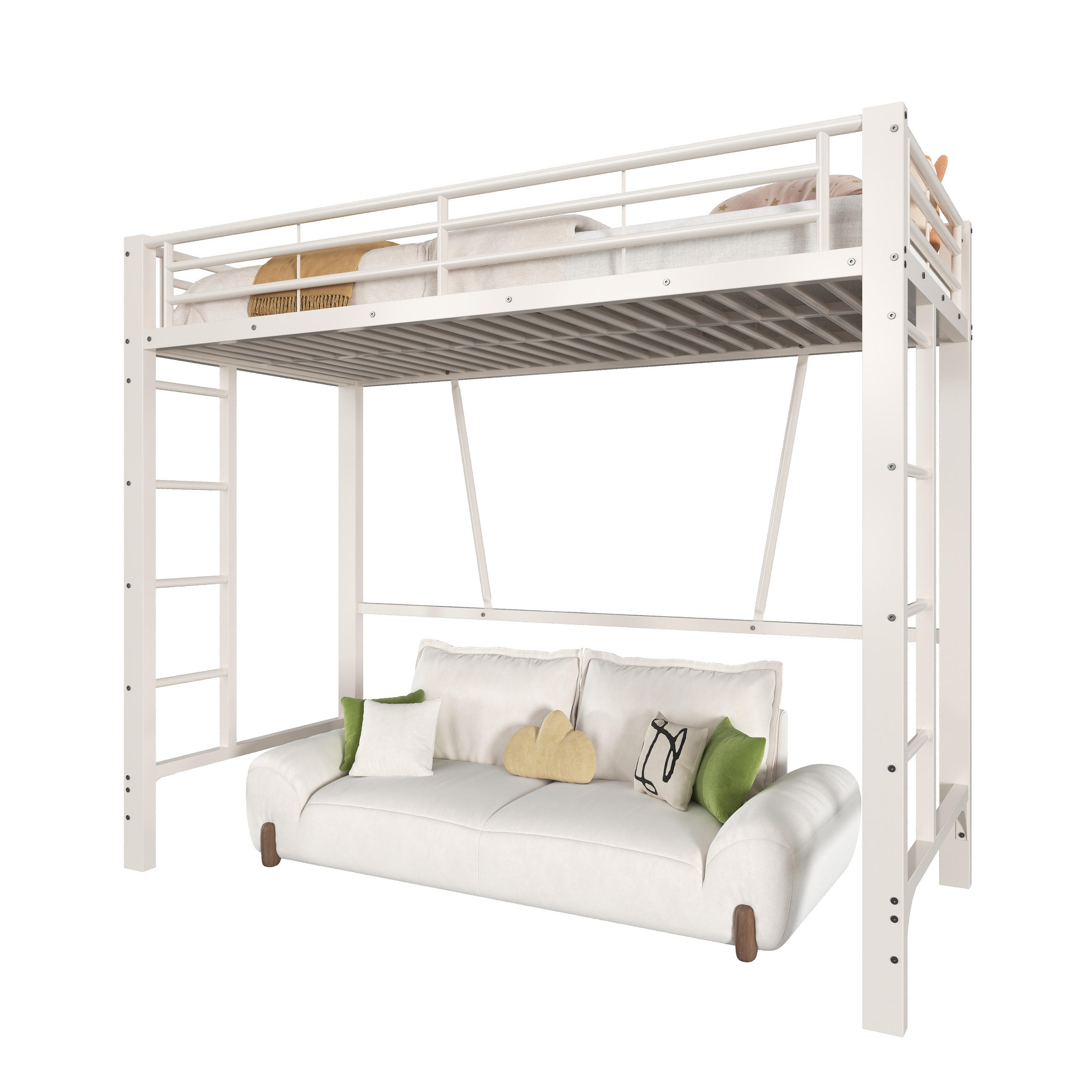 HOCHBETT 90/200 cm in Weiß mit Doppelleiter, Schutzgeländern und offenem Raum unter dem Bett aus Metall - Weiß, Metall (90/200cm) - STILVORA