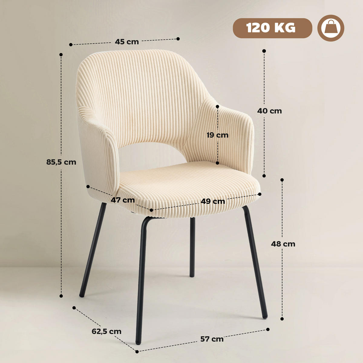 ESSZIMMERSTUHL DE-06852 Schalenform mit Cordbezug und Metallbeinen Beige - Beige, Textil/Metall (57/85.5/62.5cm) - ComfortXL