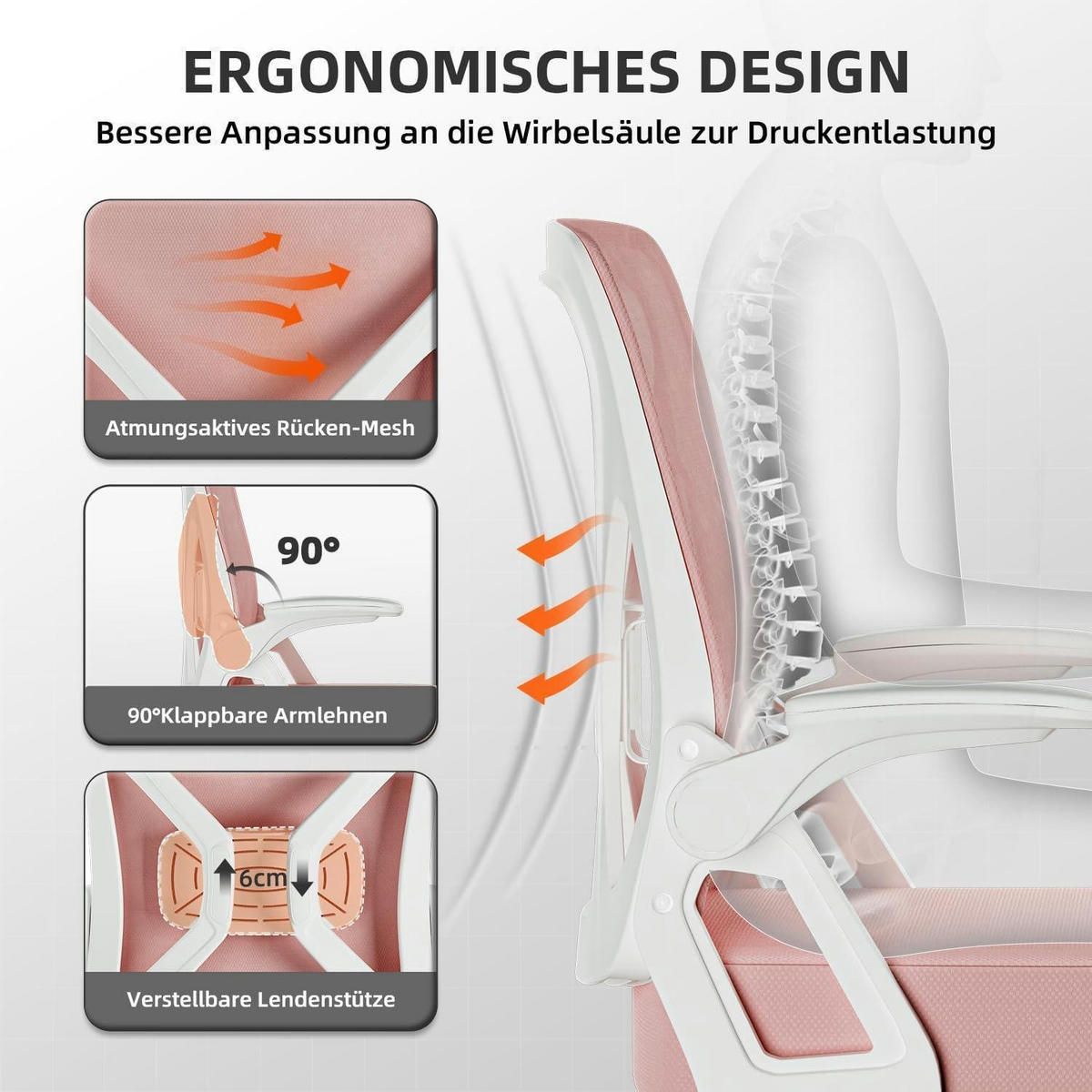 BÜROSTUHL Ergonomisch mit Lendenstütze und Wippfunktion Rosa - Rosa, Textil (57/99/57cm)