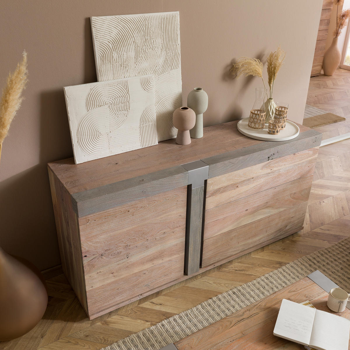 SIDEBOARD Akazie 160x45x75 beige lackiert Amsterdam #110 - Beige, Holz (160/75/45cm) - Massivmoebel24