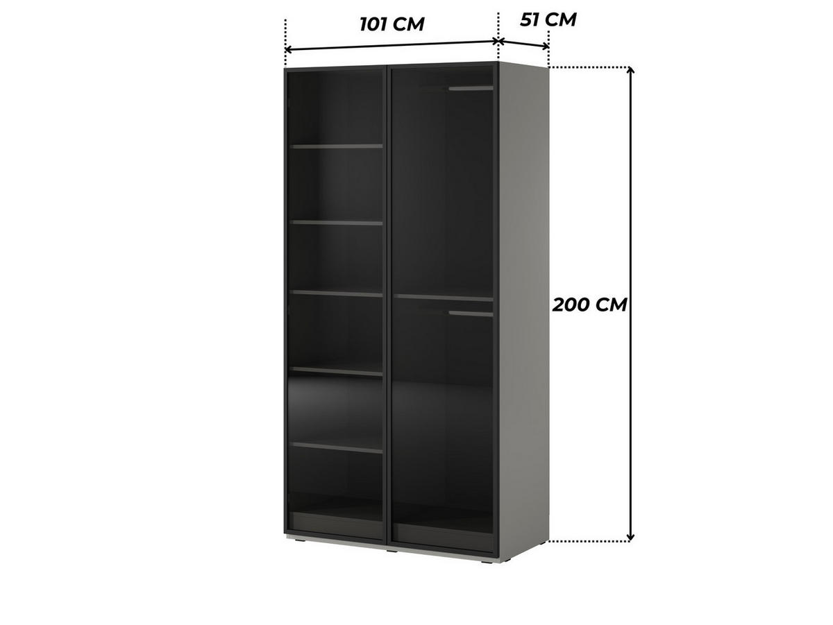 KLEIDERSCHRANK ZEN (Modular, Grau Matt, Getöntes Glas Antisol, 2-türig) - Schwarz/Grau, Holz/Holzwerkstoff (101/200/51cm) - Ravio