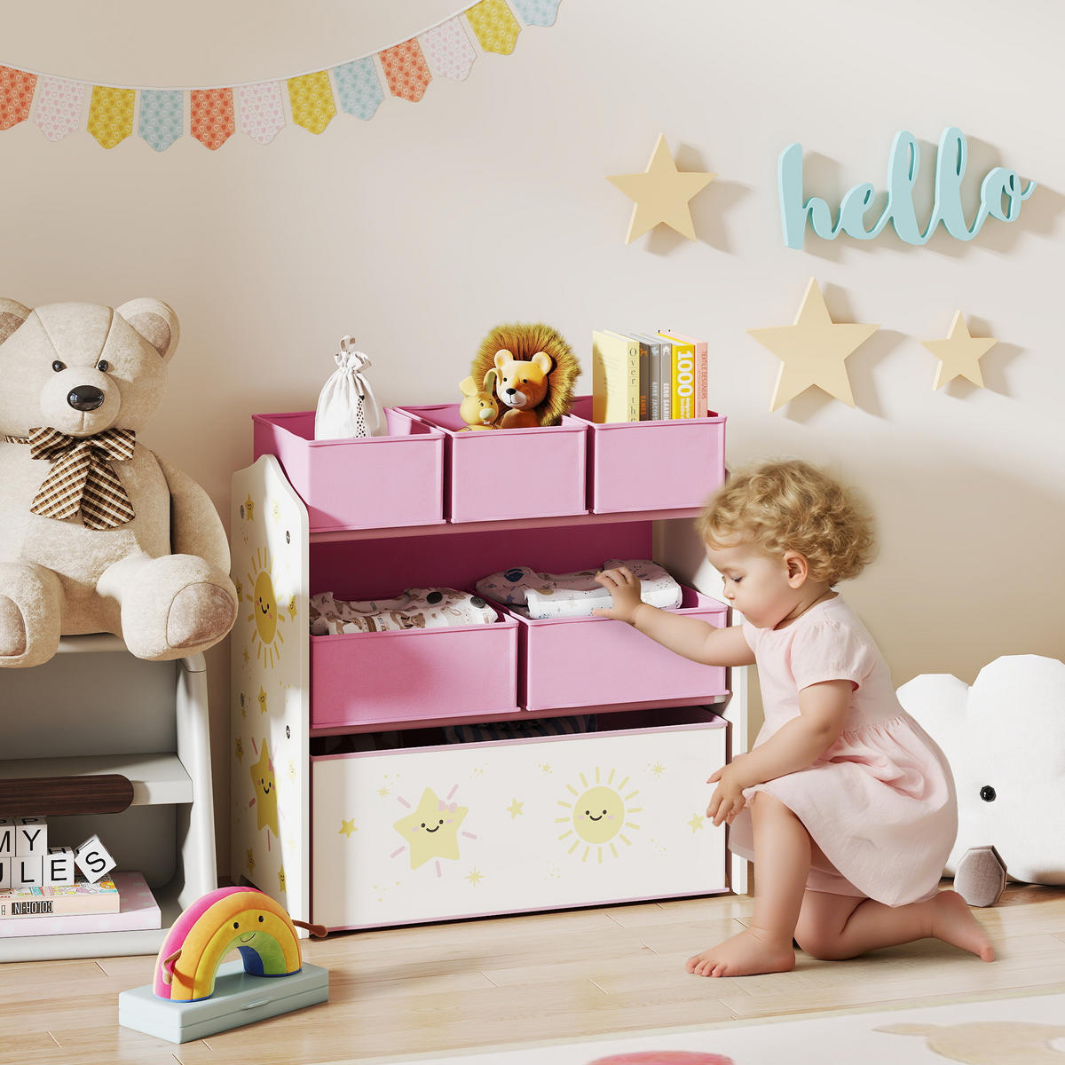 KINDERREGAL DE-17259 3 Ebenen & 6 herausnehmbare Stoffboxen Rosa - Pink, Holzwerkstoff (63/66/30cm) - ComfortXL