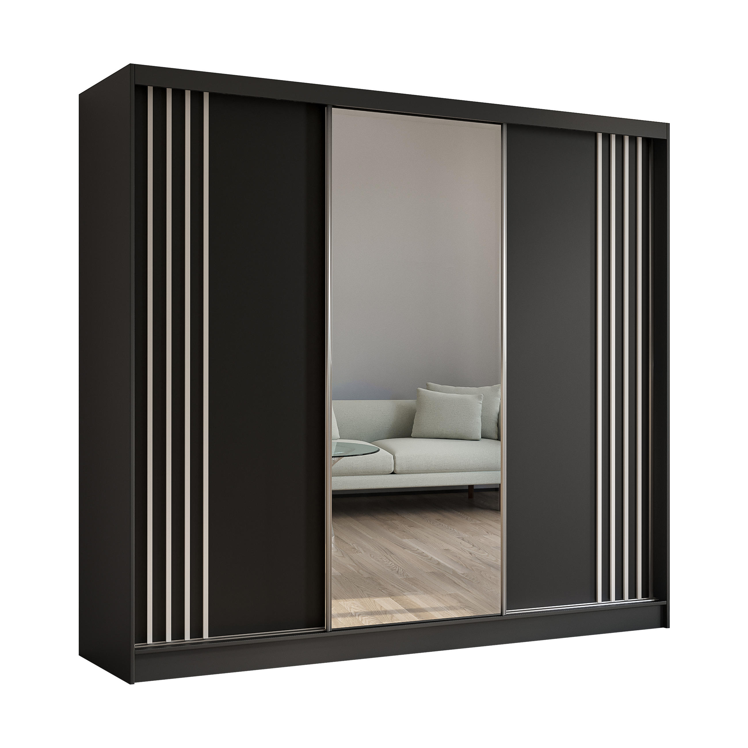 KLEIDERSCHRANK mit Spiegel-Schiebetüren und Aluminium-Leisten, LED-Beleuchtung - NALLA - 240 cm Schwarz+Schwarz+Weiß - Schwarz/Weiß, Holzwerkstoff (240/216/61cm) - ALTDECOR