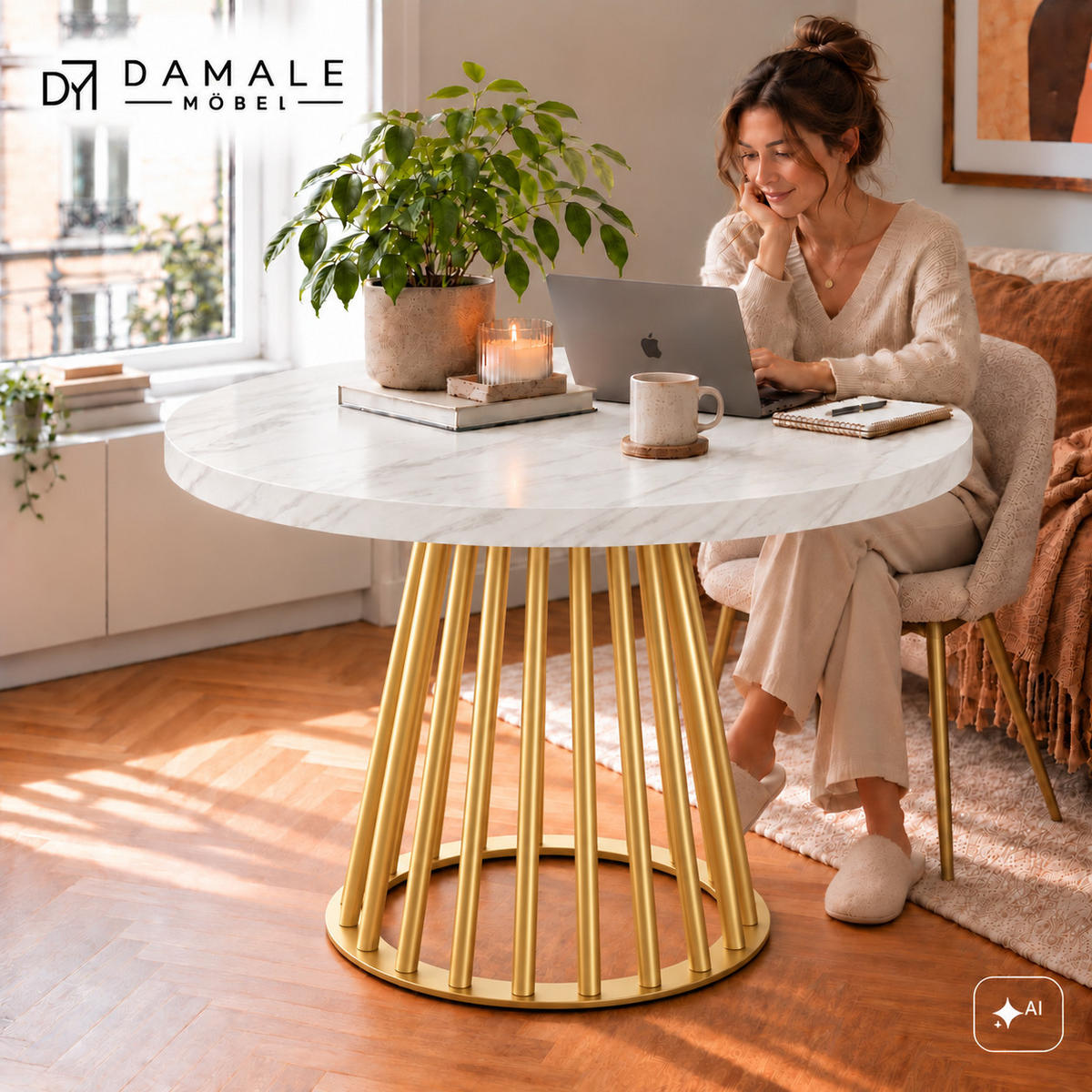 ESSTISCH rund ausziehbar 90/190/76 cm, Marmor, 54 cm Tischplatte + Lamellen-Metallgestell Gold - Goldfarben/Hellgrau, Holzwerkstoff/Metall (90/190/76cm) - Damale Möbel