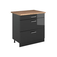SPODNÍ SKŘÍŇKA KUCHYŇSKÉ LINKY R-Line, Antracitový vysoký lesk/Antracit, 80 cm se 3 zásuvkami pracovná doska Dub Goldkraft - antracitová, kompozitní dřevo (80/81.6/60cm) - Vicco